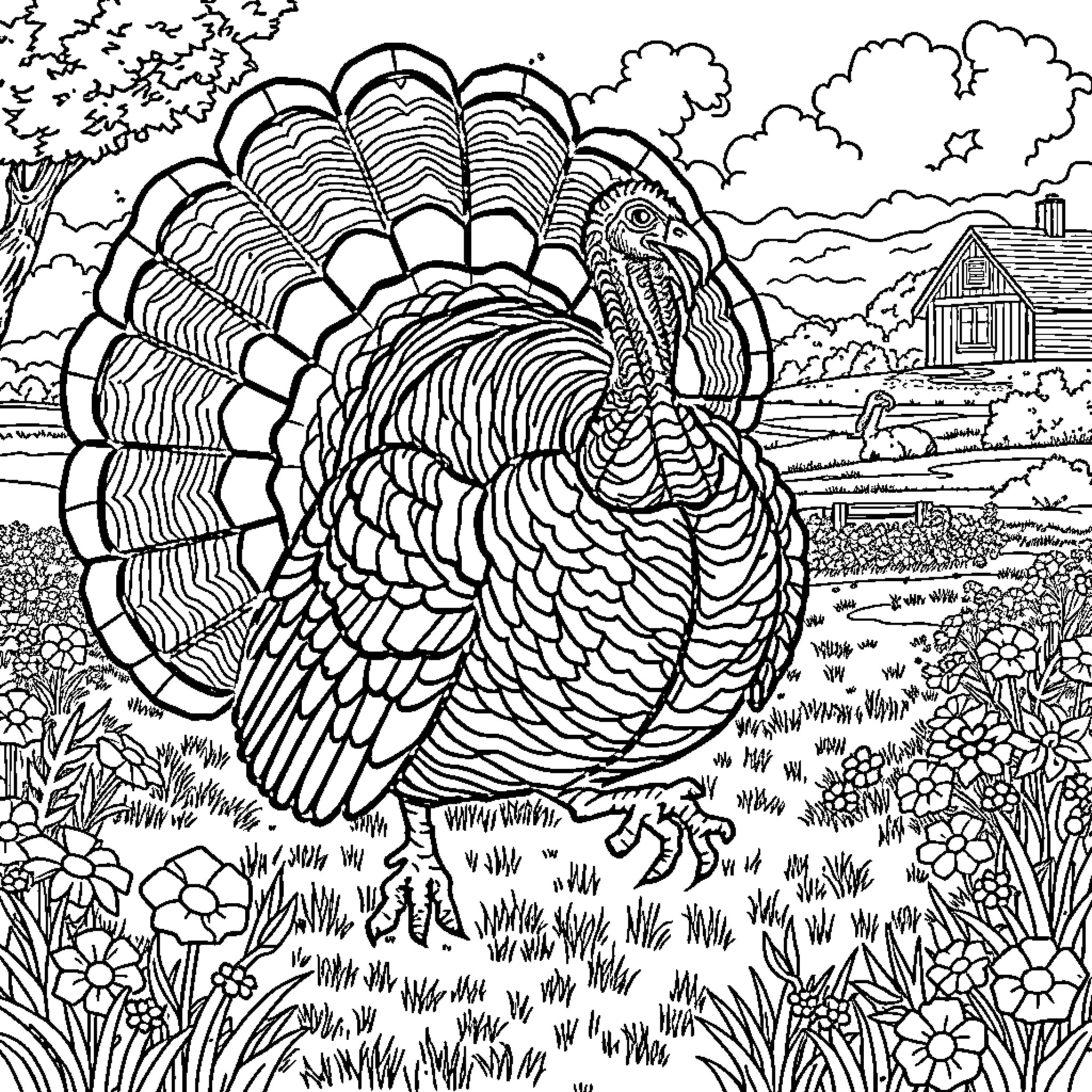 Turkey strutting proudly in a rural landscape Coloring Page (free black-and-white line drawing printable PDF for all, from beginners to advanced learners, including children, teens, adults, and seniors)
