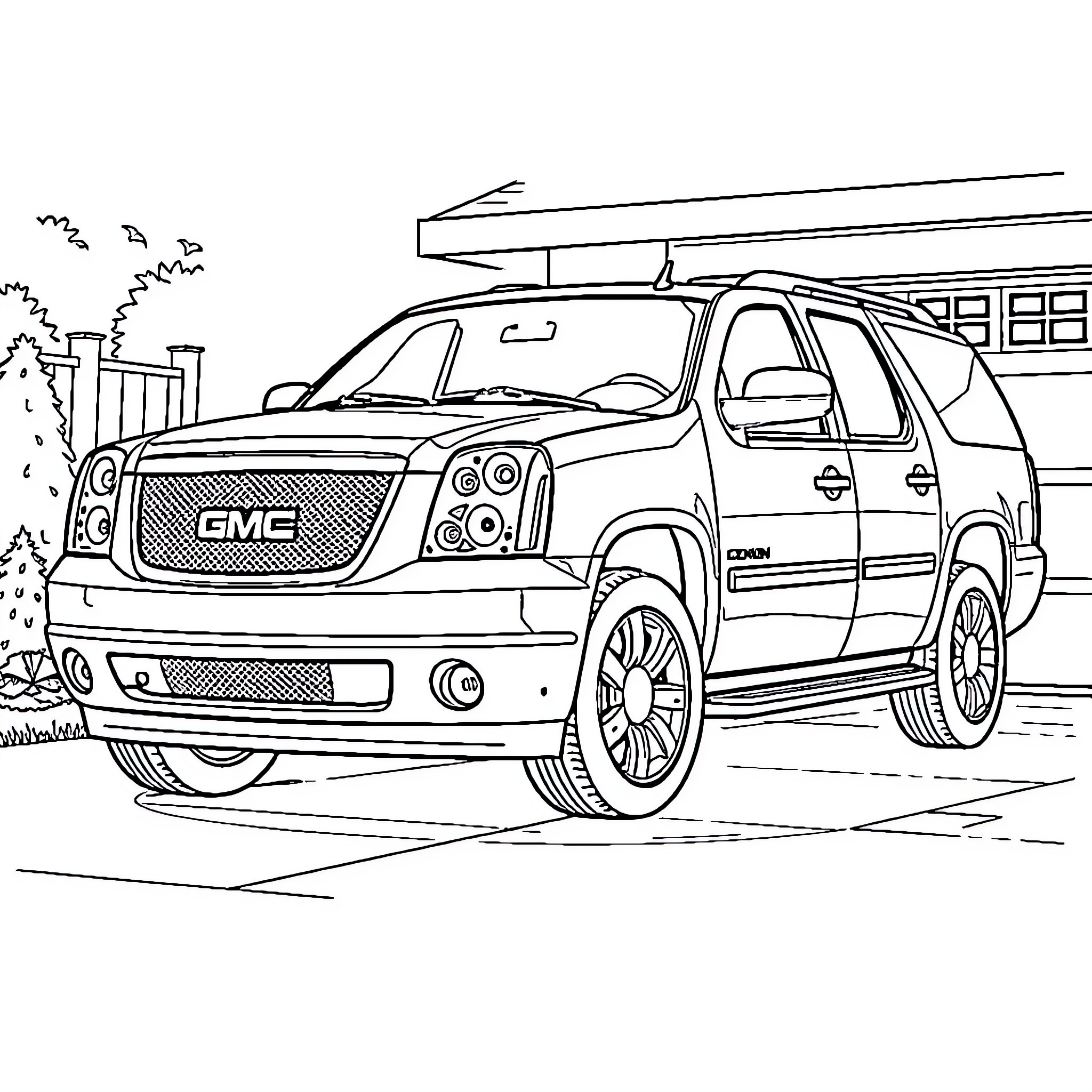 GMC Yukon parked in front of building Coloring Page (free black-and-white line drawing printable PDF for all, from beginners to advanced learners, including children, teens, adults, and seniors)