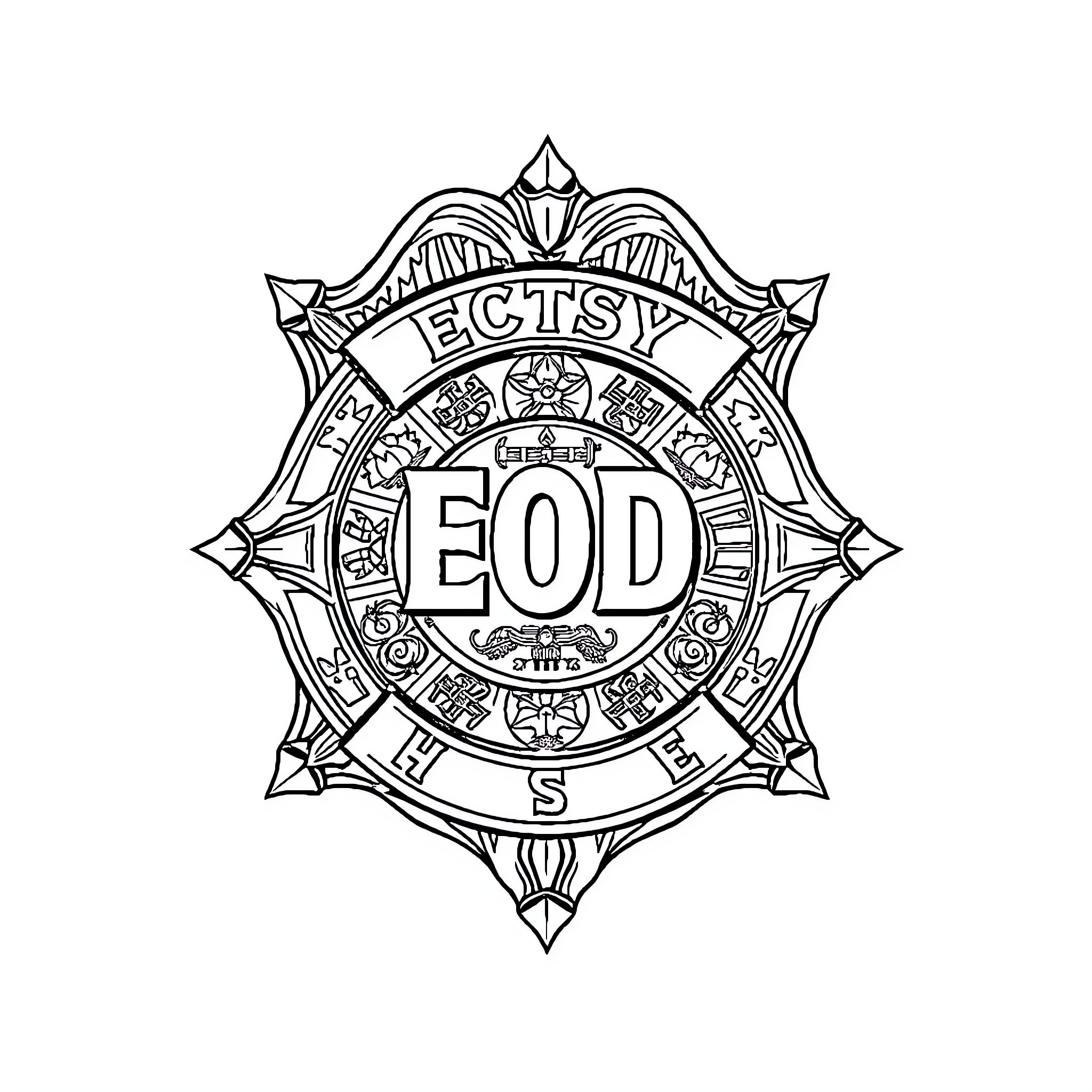 Badge with ornate design and EOD text Coloring Page (free black-and-white line drawing printable PDF for all, from beginners to advanced learners, including children, teens, adults, and seniors)