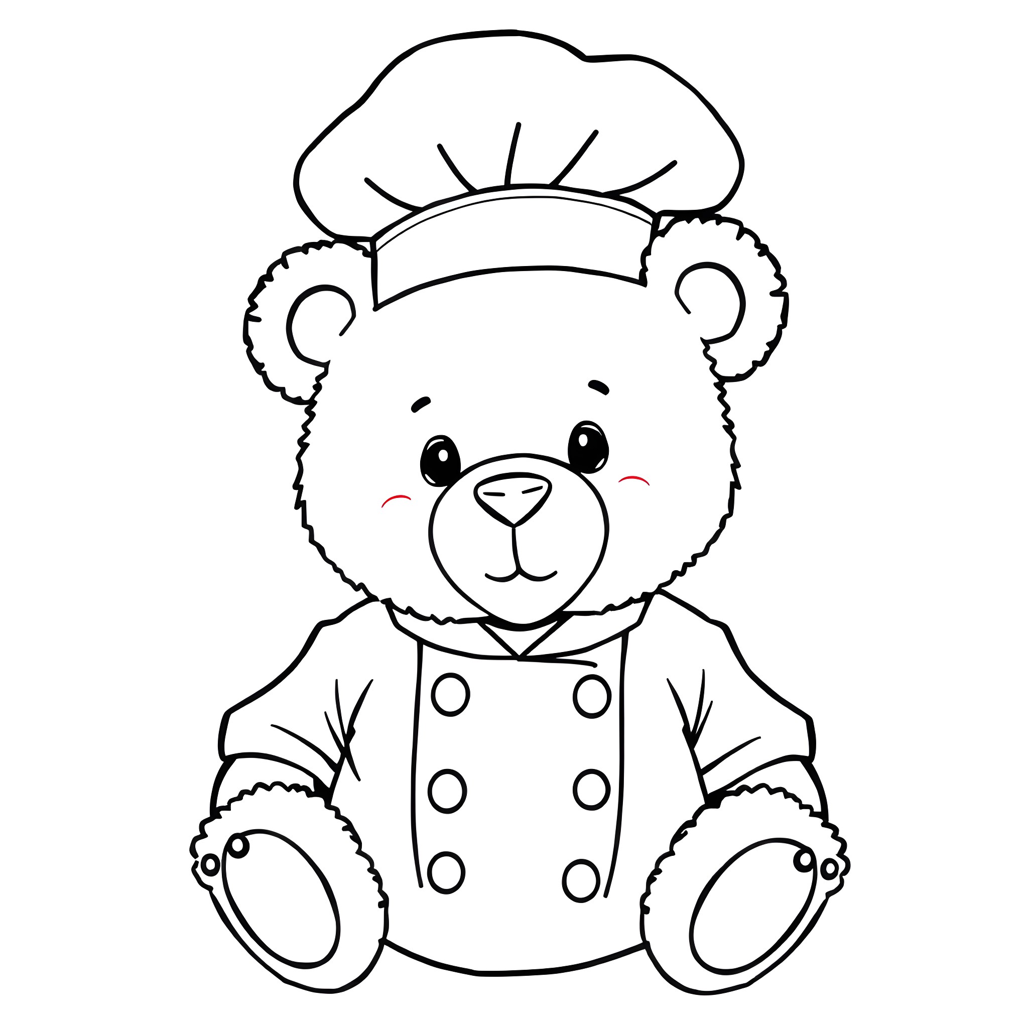 Teddy Bear Chef in Uniform Coloring Page (free black-and-white line drawing printable PDF for all, from beginners to advanced learners, including children, teens, adults, and seniors)