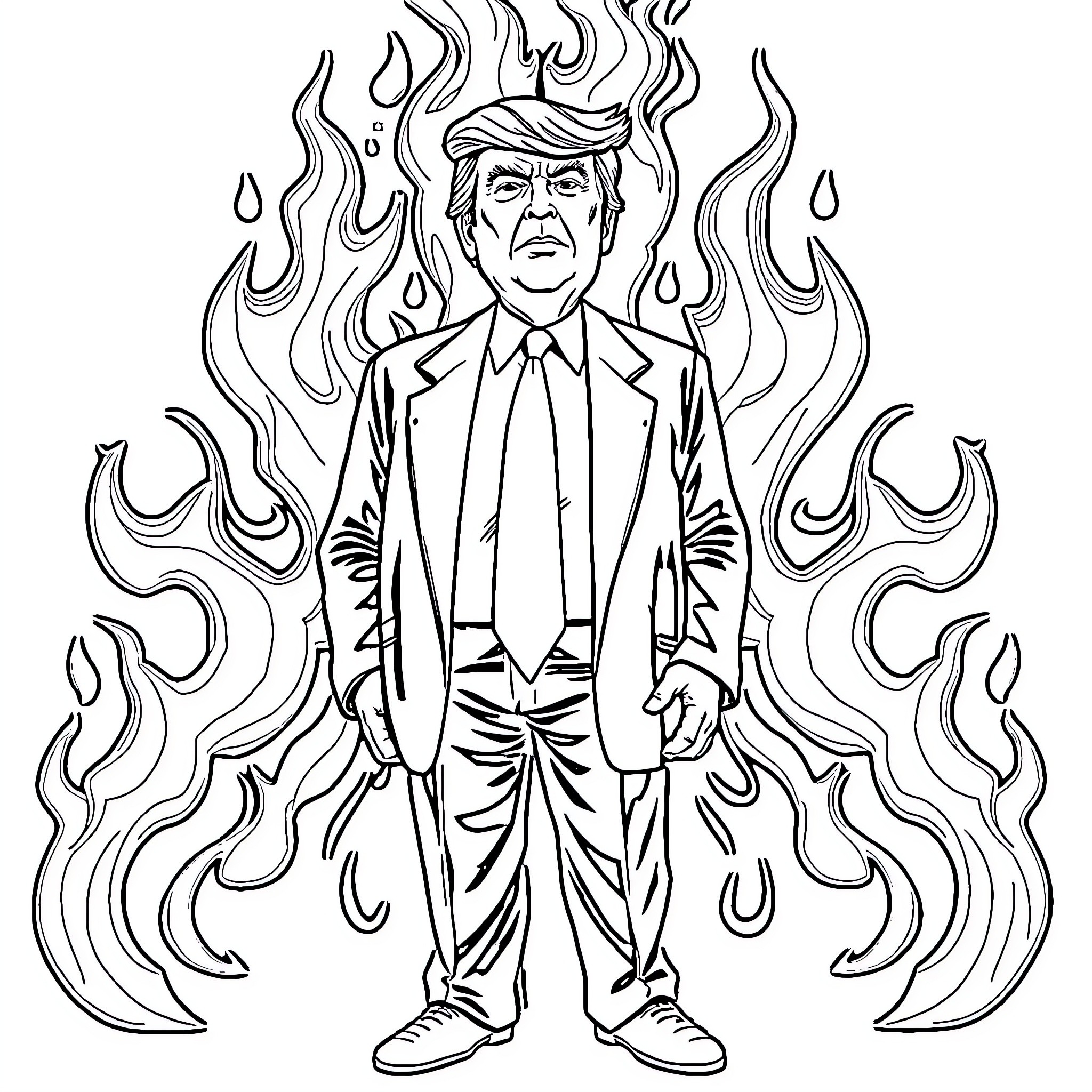 Donald Trump Surrounded by Fiery Flames Coloring Page (free black-and-white line drawing printable PDF for all, from beginners to advanced learners, including children, teens, adults, and seniors)