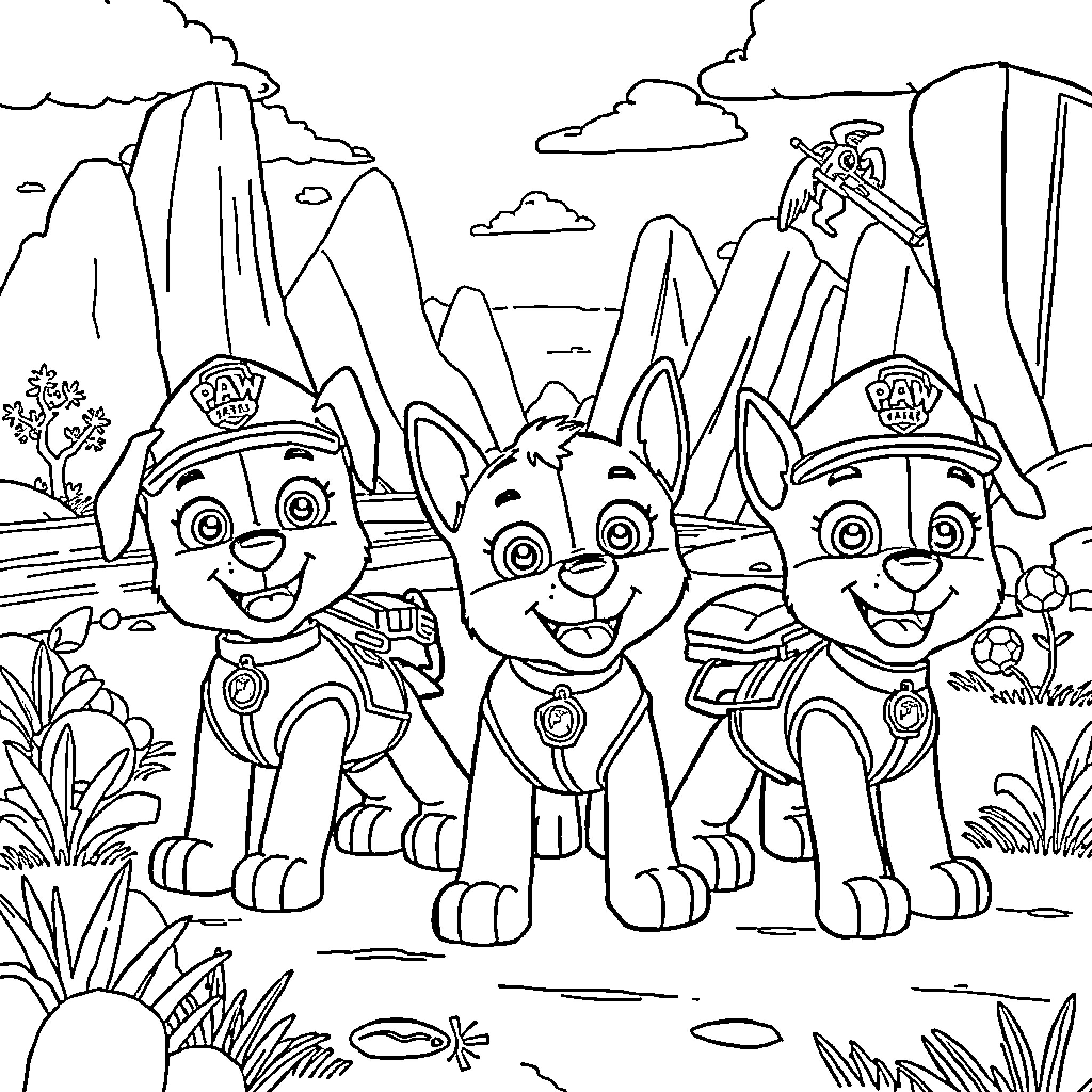 Paw Patrol puppies on an adventure in the great outdoors Coloring Page (free black-and-white line drawing printable PDF for all, from beginners to advanced learners, including children, teens, adults, and seniors)