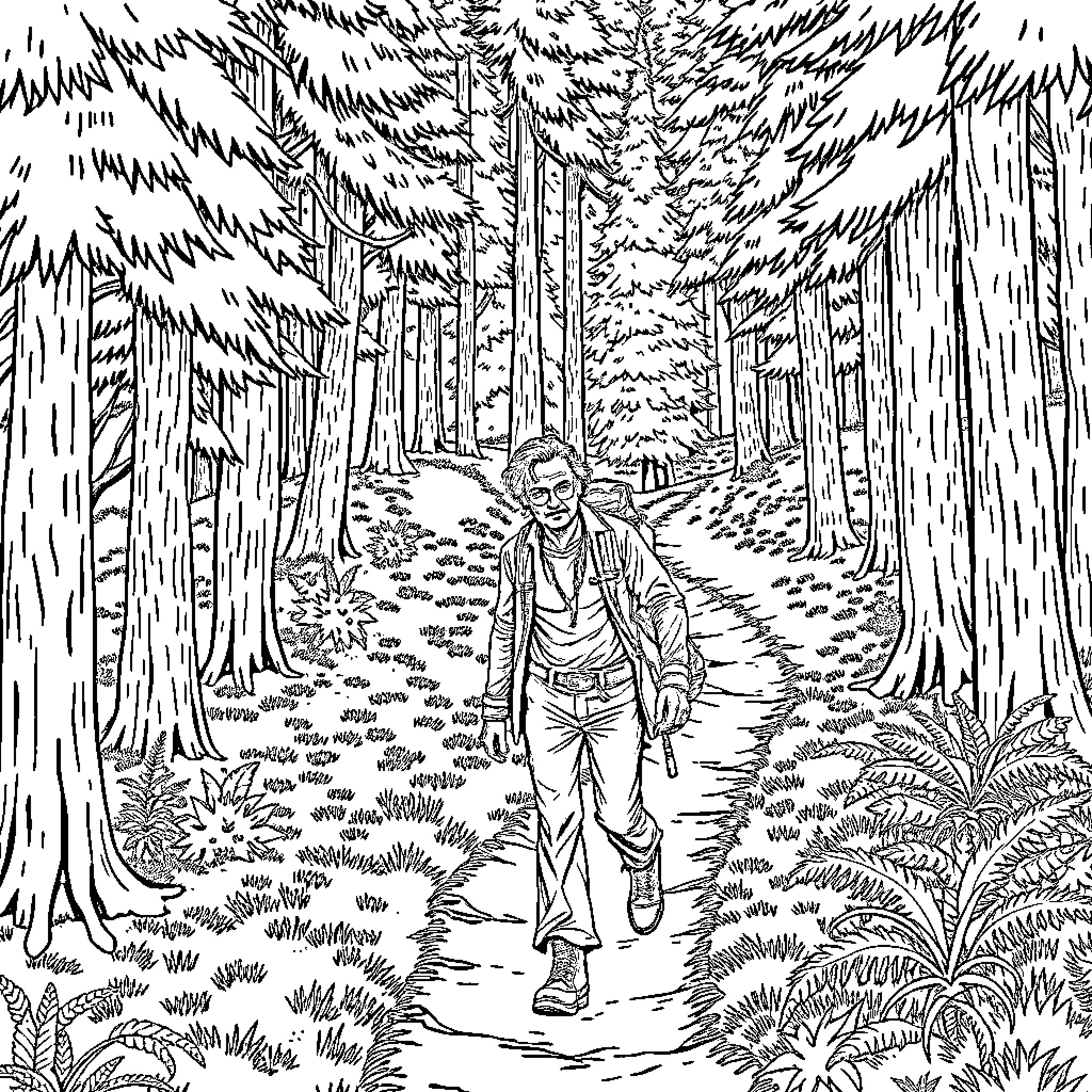 Johnny Depp hiking in the dense forest Coloring Page (free black-and-white line drawing printable PDF for all, from beginners to advanced learners, including children, teens, adults, and seniors)