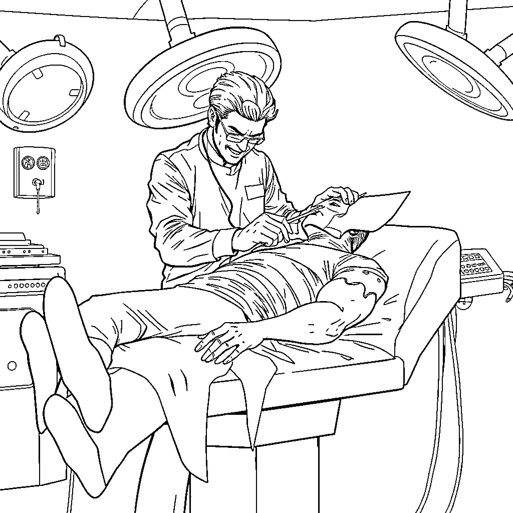 Harry Shum Jr. in a medical examination room Coloring Page (free black-and-white line drawing printable PDF for all, from beginners to advanced learners, including children, teens, adults, and seniors)