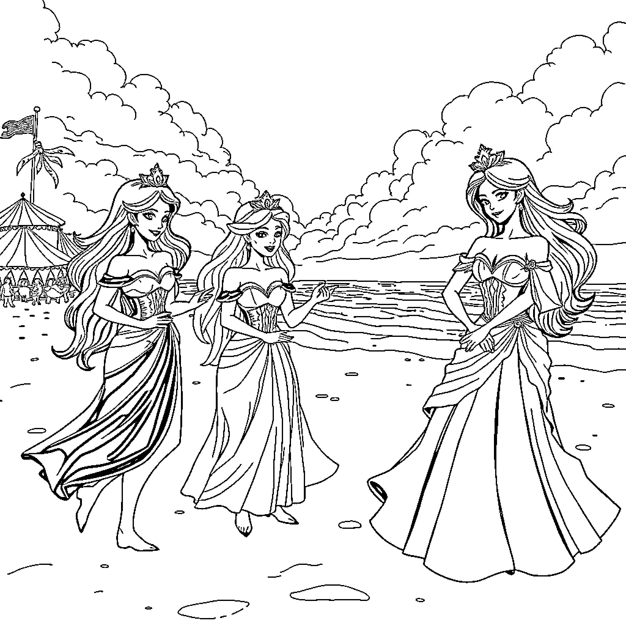 Princess Princesses Enjoying Scenic Beach Coloring Page (free black-and-white line drawing printable PDF for all, from beginners to advanced learners, including children, teens, adults, and seniors)