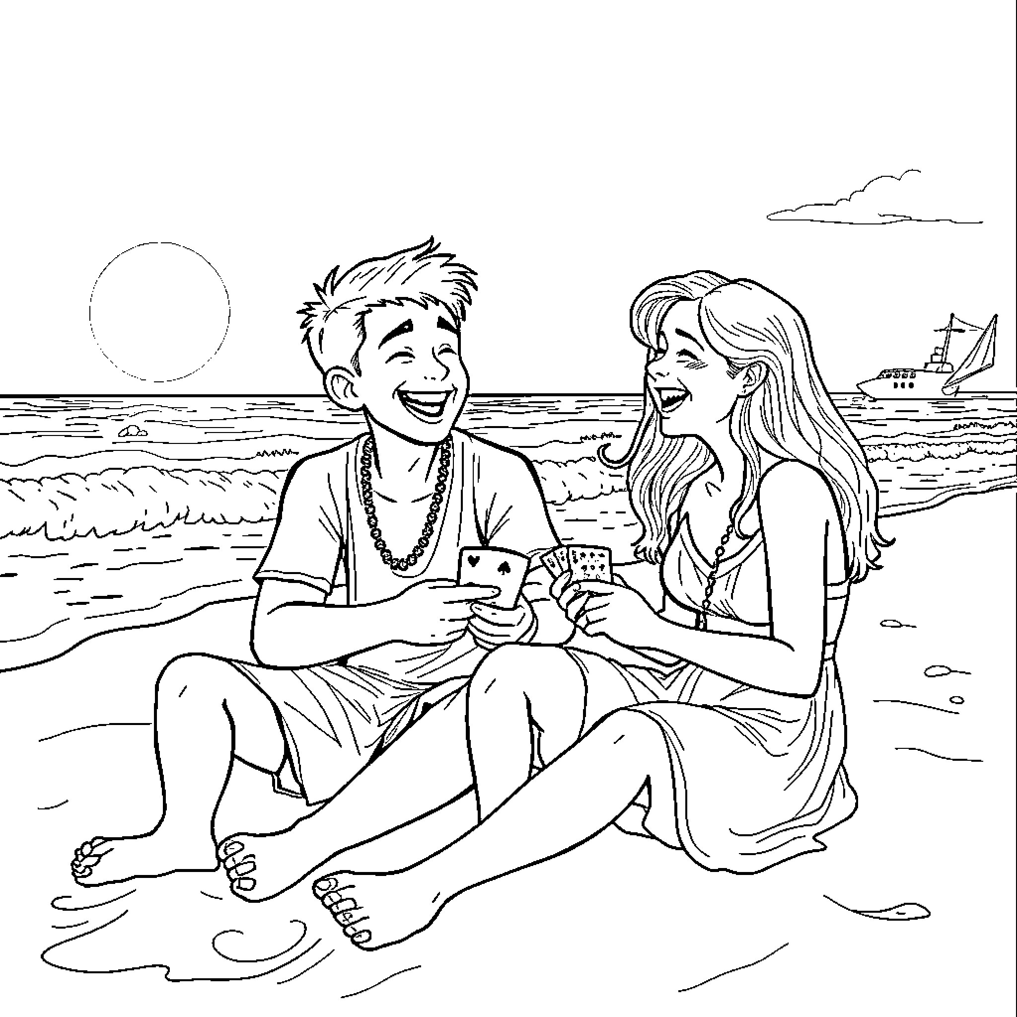Caleb and Friend Share a Joyful Moment on the Beach Coloring Page (free black-and-white line drawing printable PDF for all, from beginners to advanced learners, including children, teens, adults, and seniors)