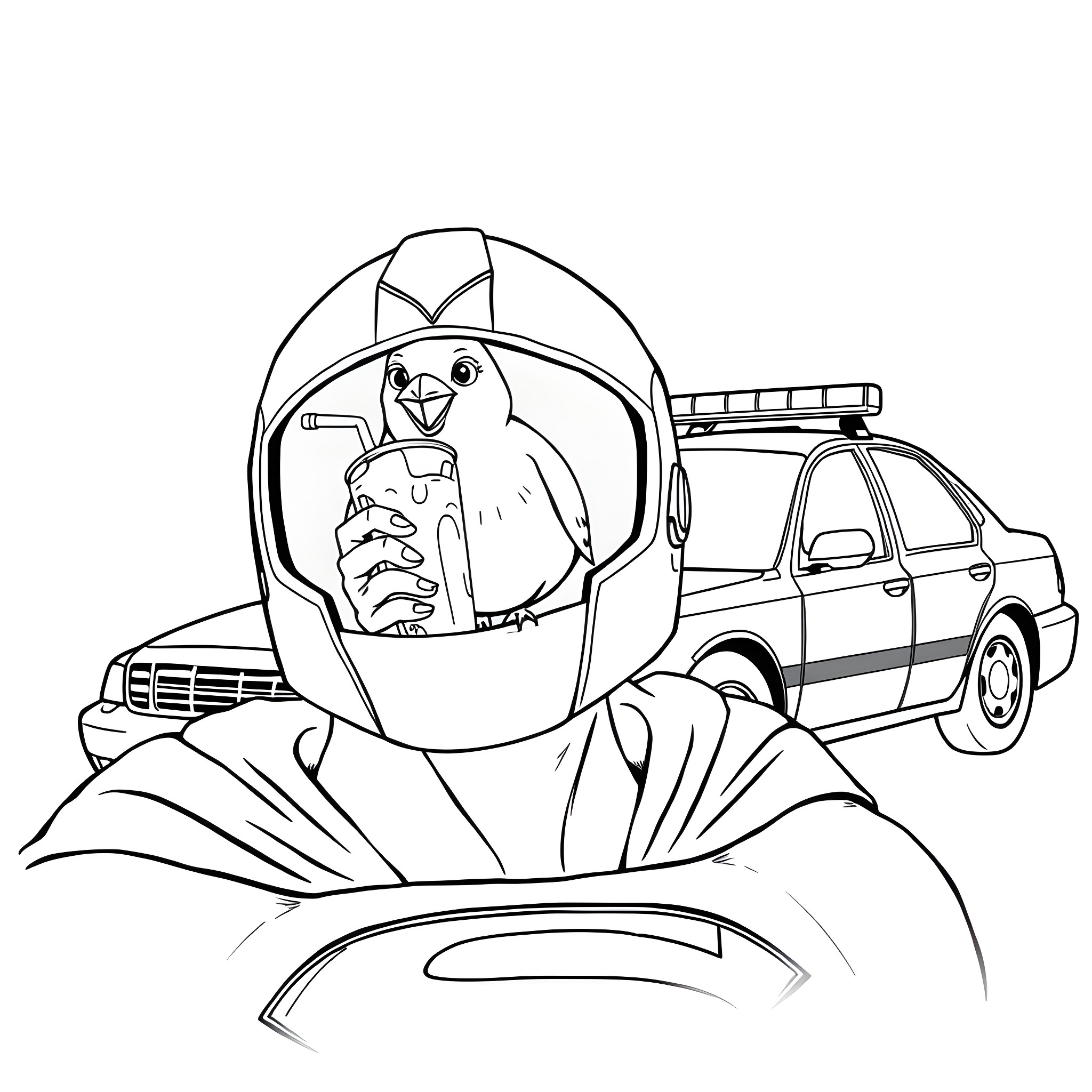 Bird police officer inspecting a suspicious vehicle Coloring Page (free black-and-white line drawing printable PDF for all, from beginners to advanced learners, including children, teens, adults, and seniors)