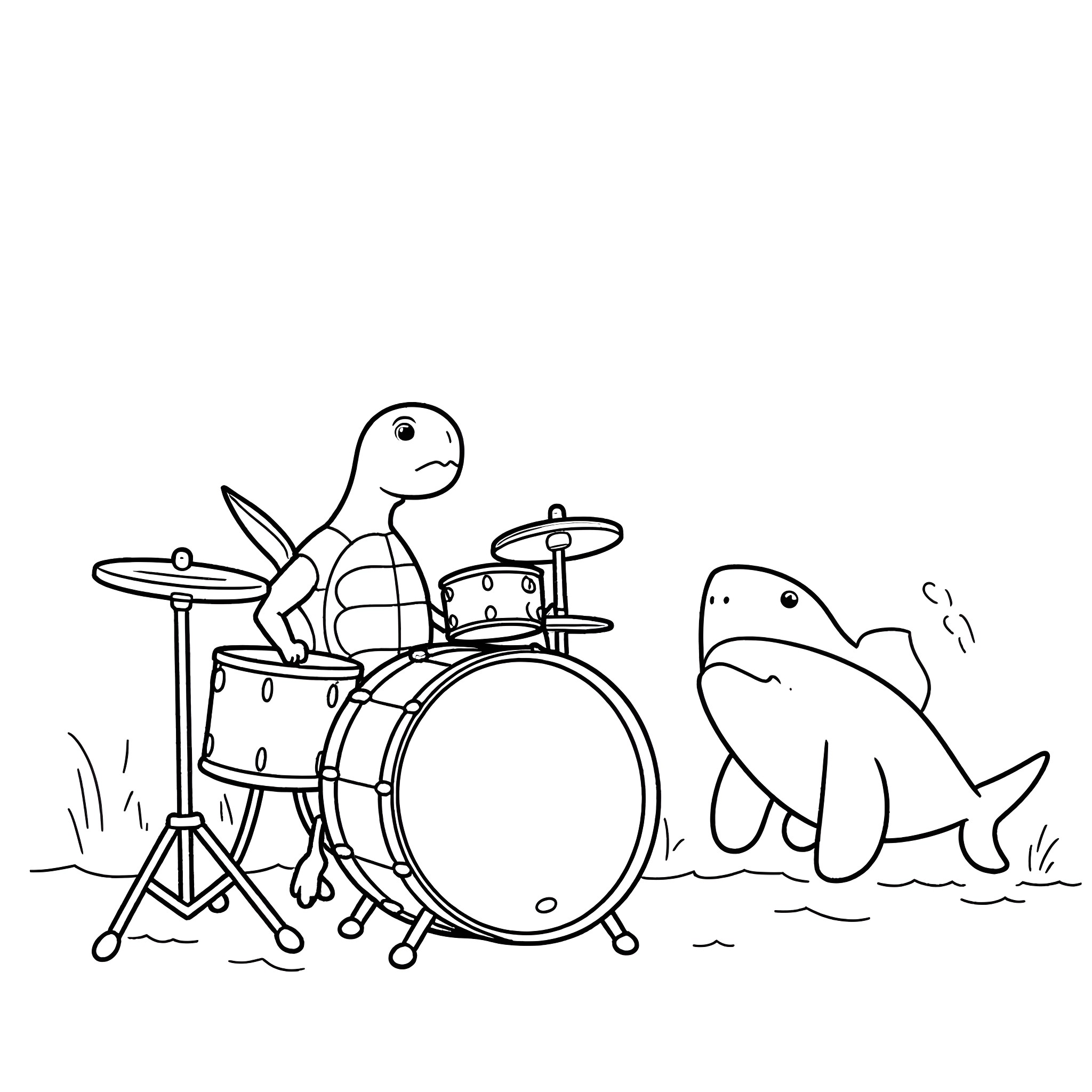 Turtle playing drums with shark in the background Coloring Page (free black-and-white line drawing printable PDF for all, from beginners to advanced learners, including children, teens, adults, and seniors)