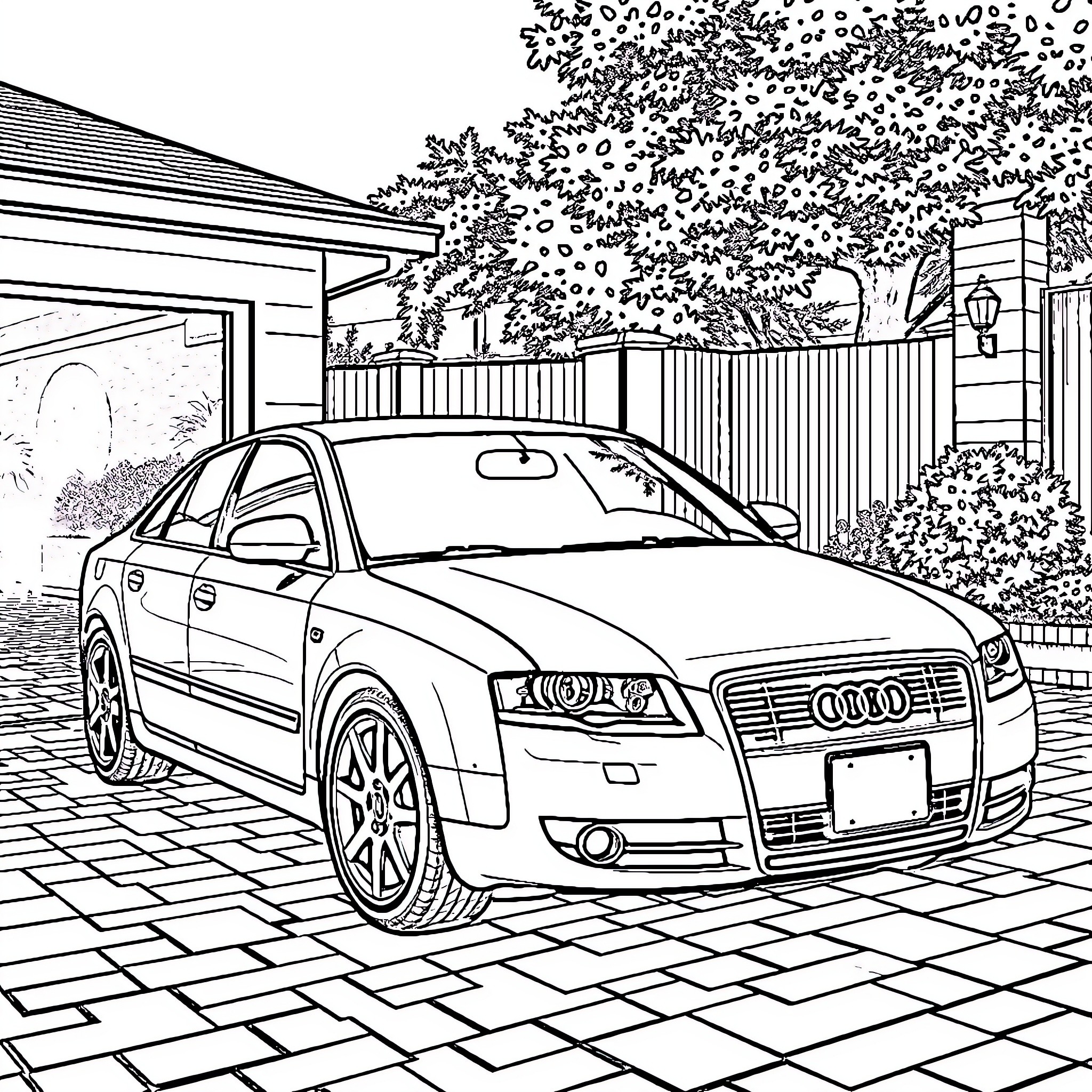 Audi sedan parked in front of residential home Coloring Page (free black-and-white line drawing printable PDF for all, from beginners to advanced learners, including children, teens, adults, and seniors)