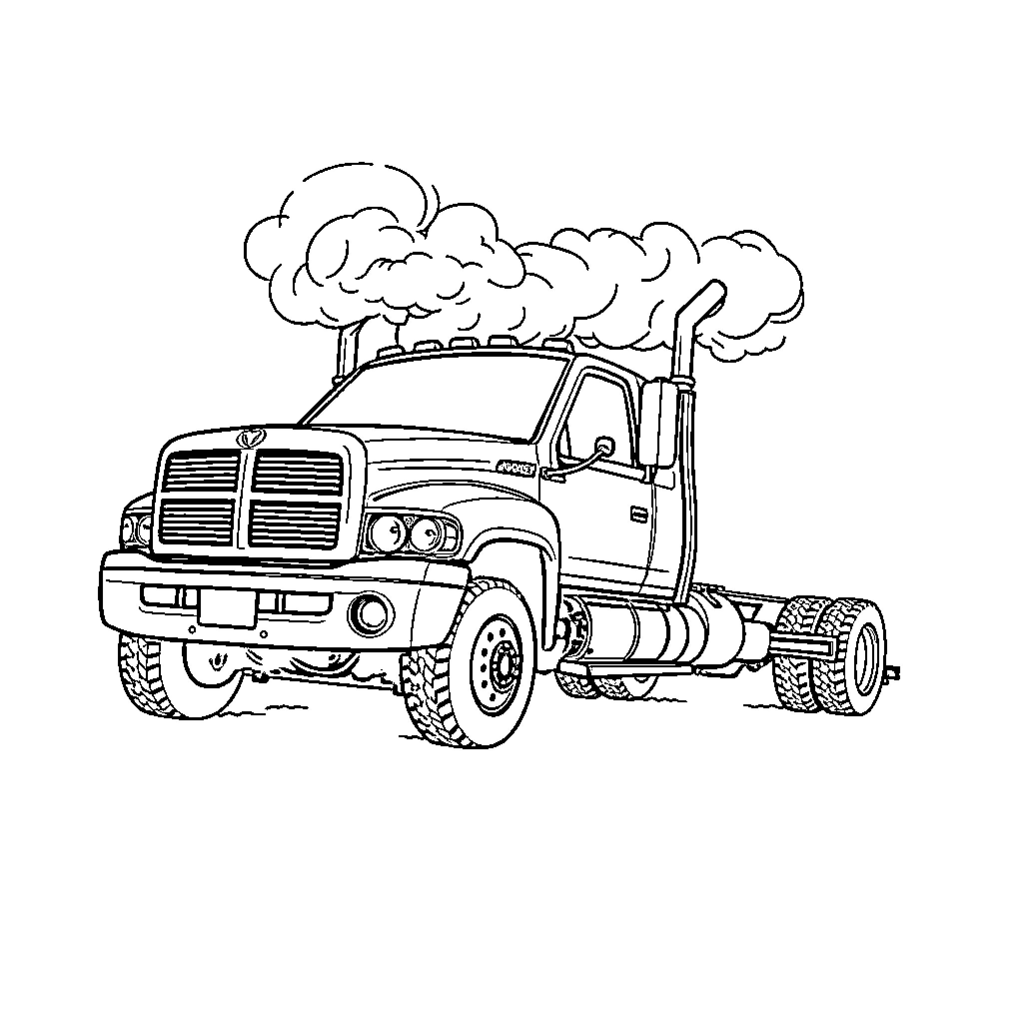 Dodge Truck Transporting Cargo with Smoke Coloring Page (free black-and-white line drawing printable PDF for all, from beginners to advanced learners, including children, teens, adults, and seniors)