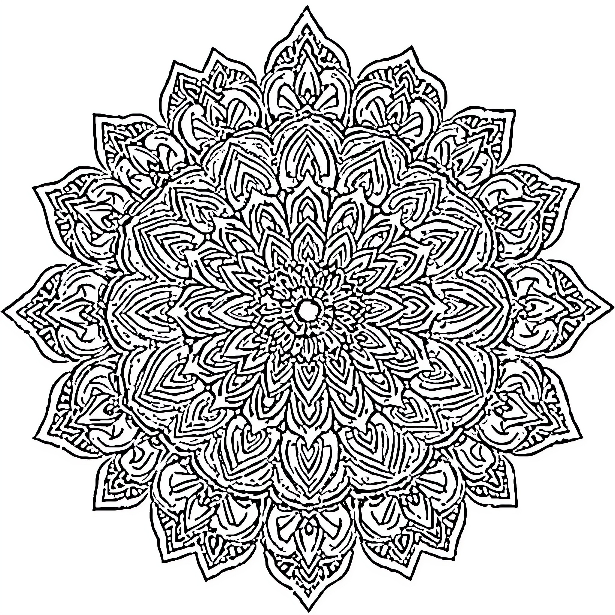 Mandala with intricate floral patterns and geometric designs Coloring Page (free black-and-white line drawing printable PDF for all, from beginners to advanced learners, including children, teens, adults, and seniors)
