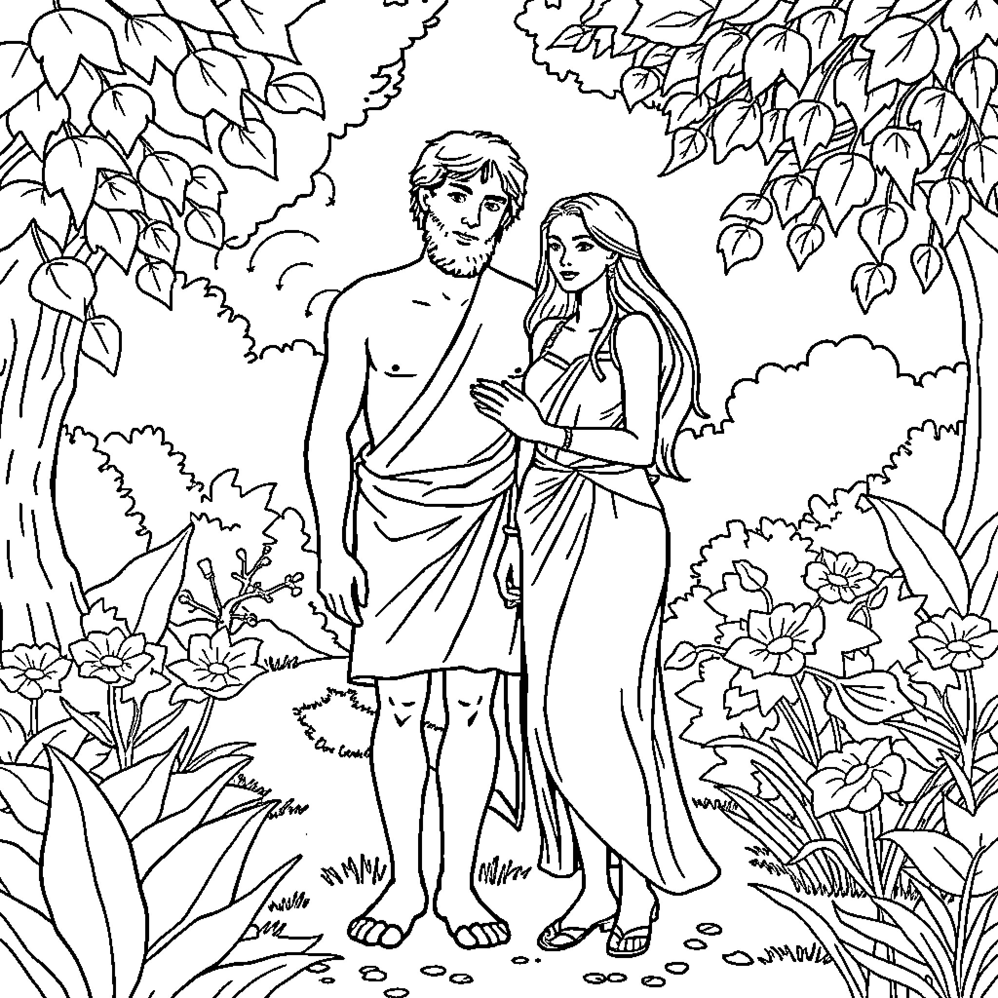 Adam and Eve in the Garden of Eden Coloring Page (free black-and-white line drawing printable PDF for all, from beginners to advanced learners, including children, teens, adults, and seniors)