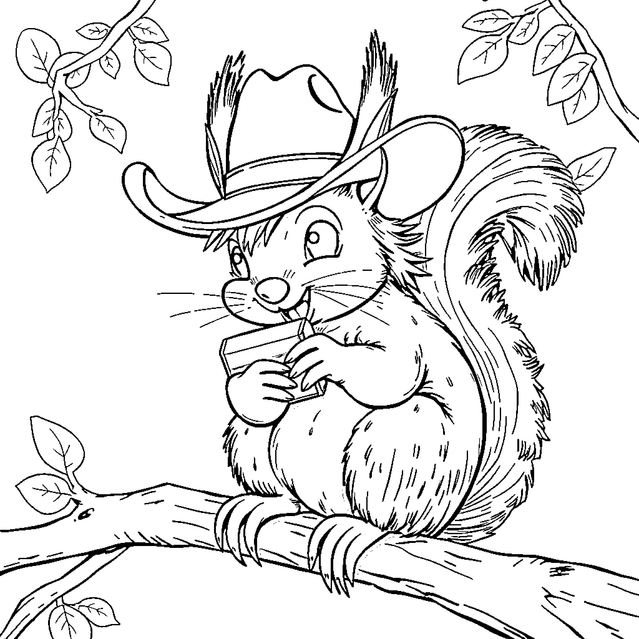Squirrel in Cowboy Hat Enjoying a Snack Coloring Page (free black-and-white line drawing printable PDF for all, from beginners to advanced learners, including children, teens, adults, and seniors)