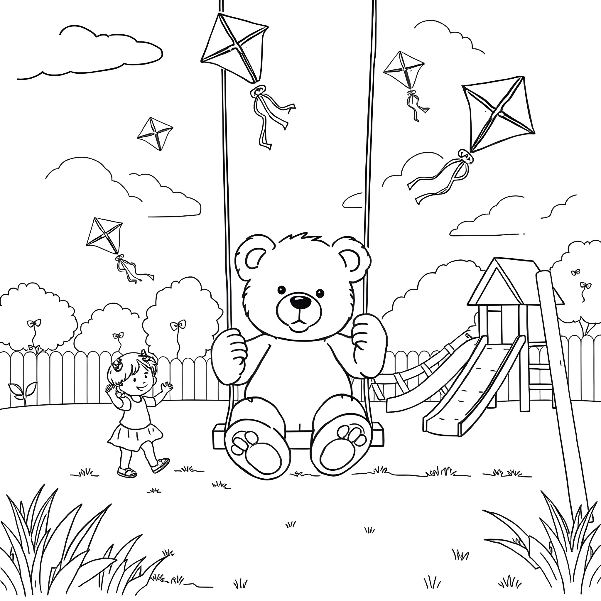 Teddy Bear Playing with Kites on the Playground Coloring Page (free black-and-white line drawing printable PDF for all, from beginners to advanced learners, including children, teens, adults, and seniors)