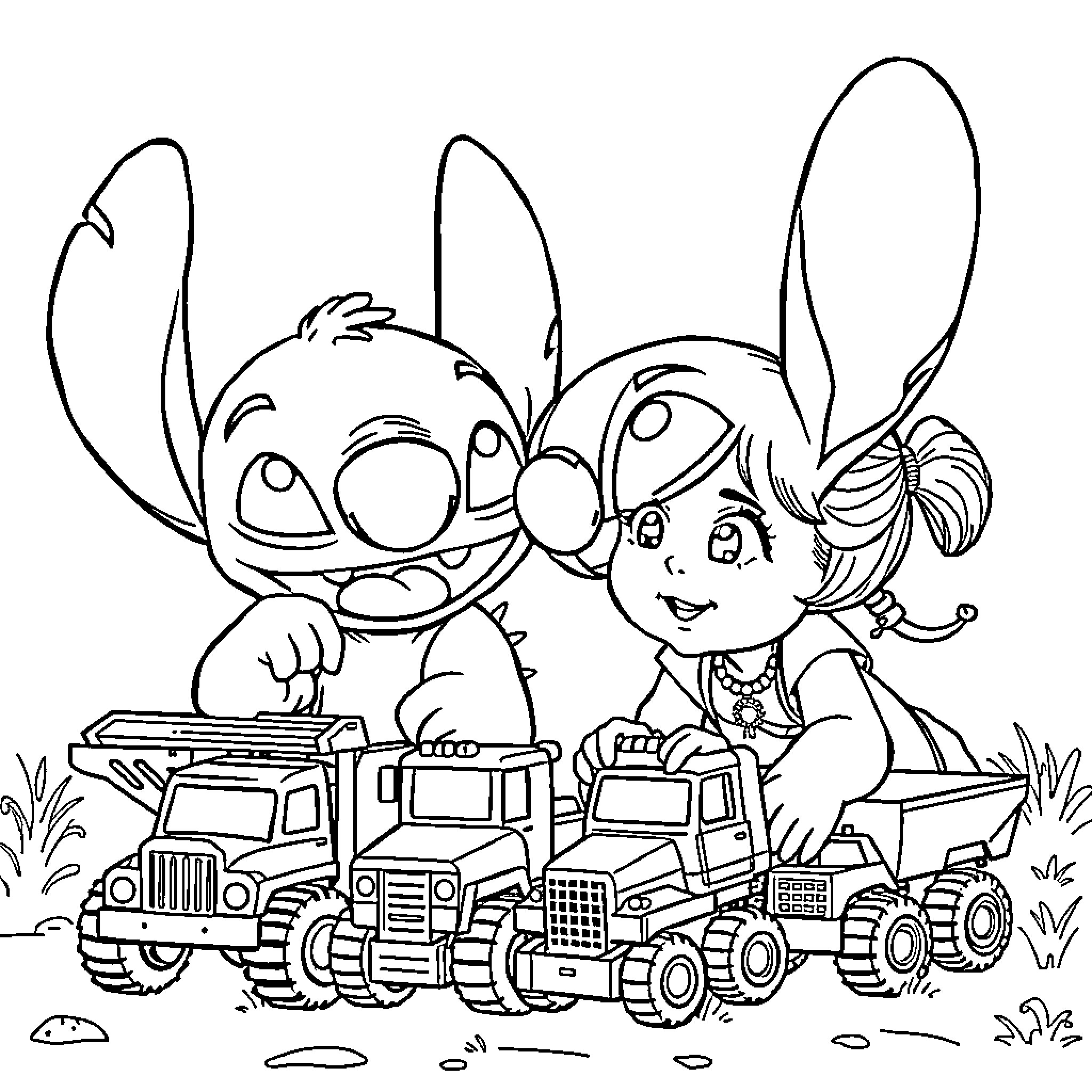 Stitch and Lilo playing with toy trucks in the park Coloring Page (free black-and-white line drawing printable PDF for all, from beginners to advanced learners, including children, teens, adults, and seniors)