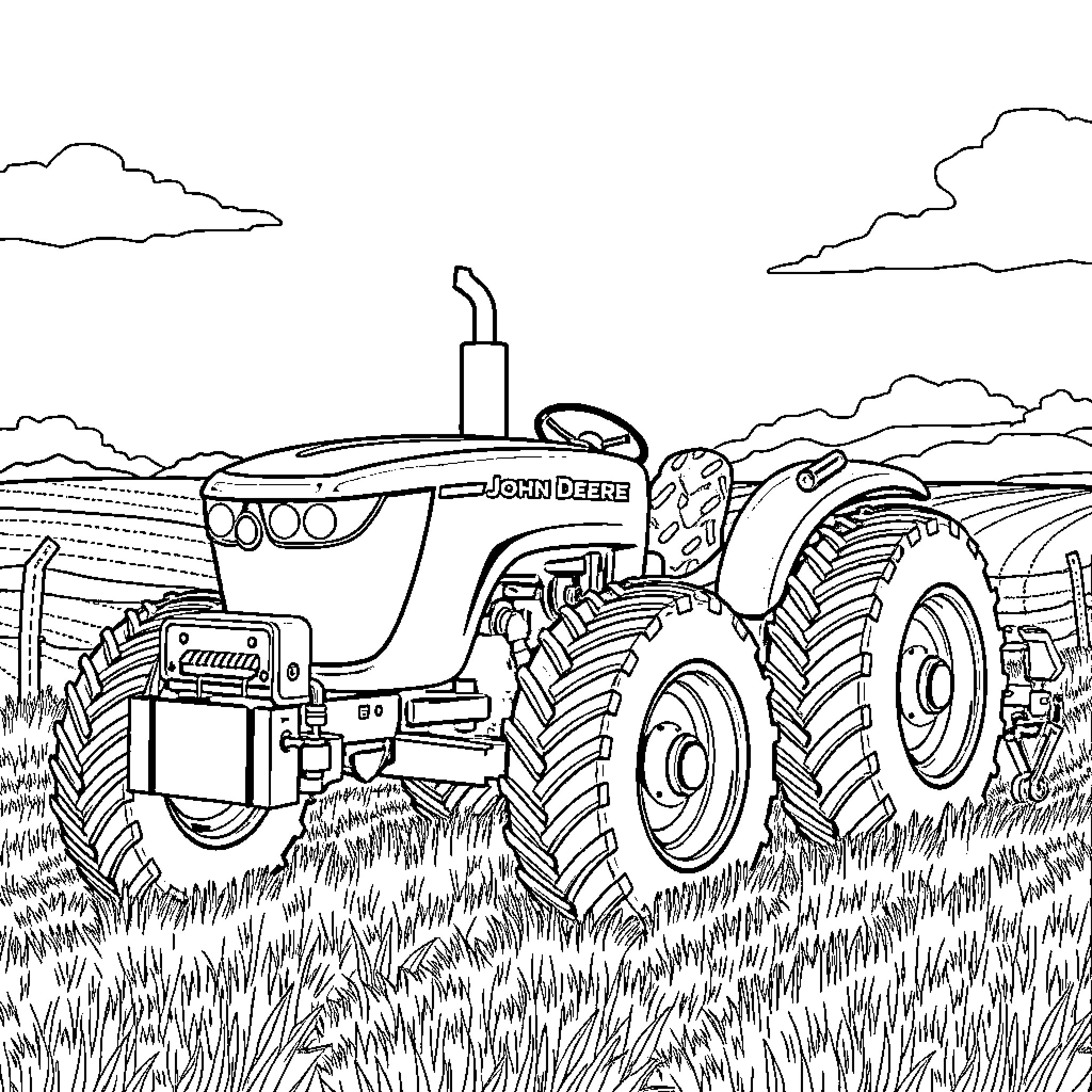 Tractor working in the field with clouds Coloring Page (free black-and-white line drawing printable PDF for all, from beginners to advanced learners, including children, teens, adults, and seniors)