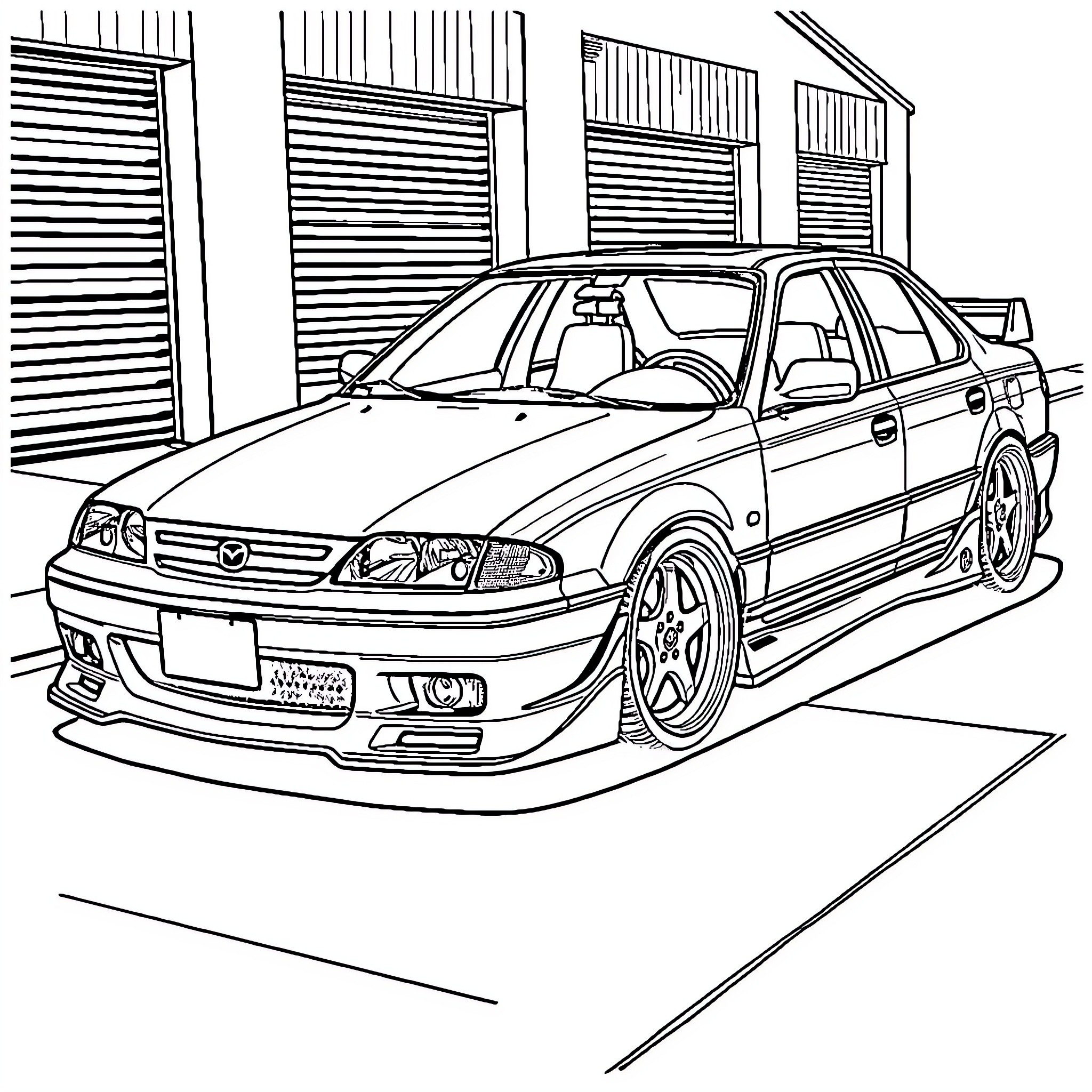 Mazda Racing Car in the Garage Coloring Page (free black-and-white line drawing printable PDF for all, from beginners to advanced learners, including children, teens, adults, and seniors)