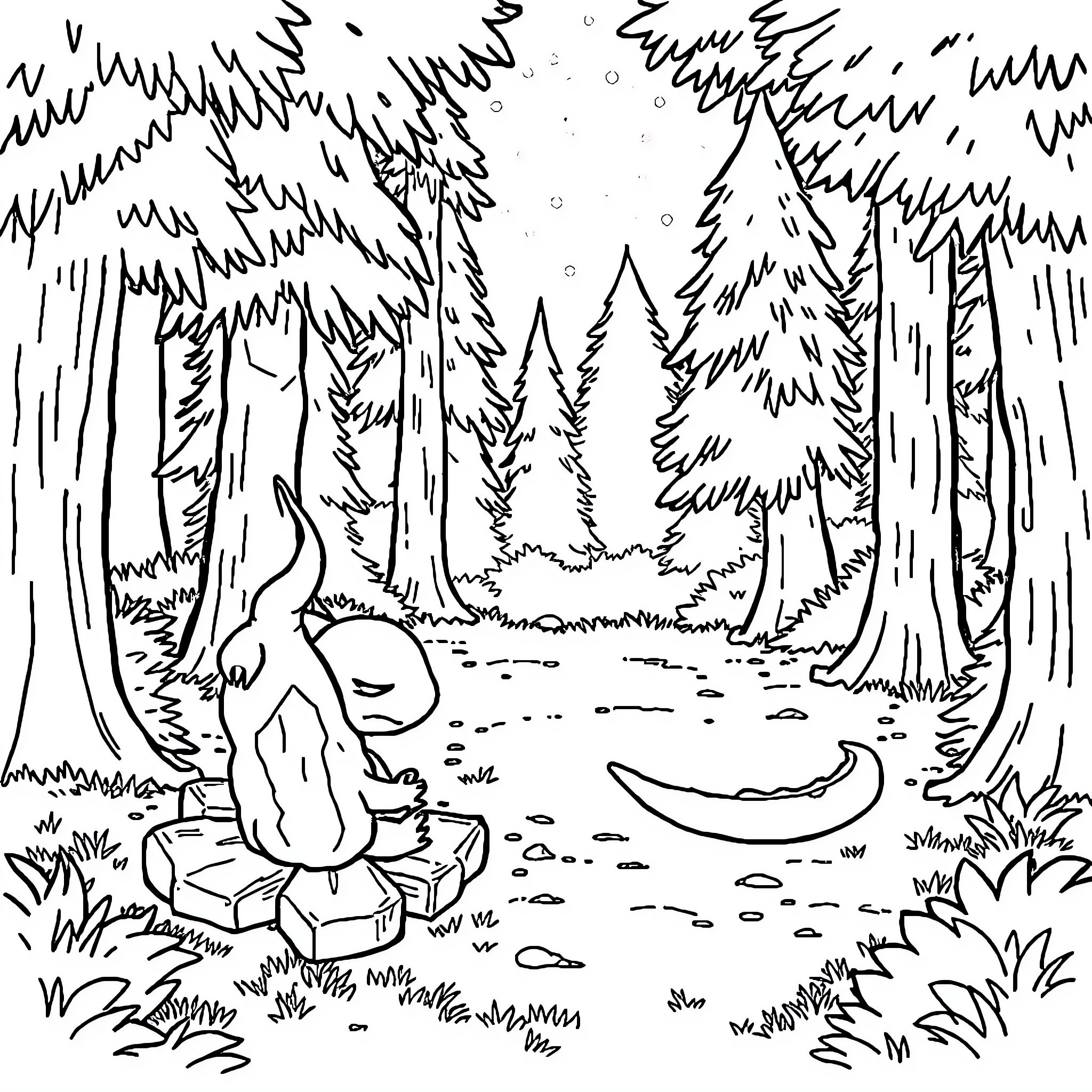 Charmander resting peacefully in the forest Coloring Page (free black-and-white line drawing printable PDF for all, from beginners to advanced learners, including children, teens, adults, and seniors)
