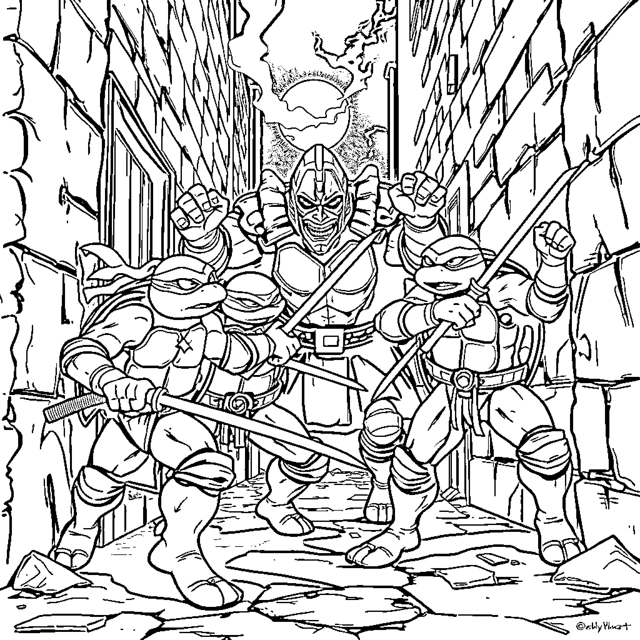Teenage Mutant Ninja Turtles in action-packed battle Coloring Page (free black-and-white line drawing printable PDF for all, from beginners to advanced learners, including children, teens, adults, and seniors)