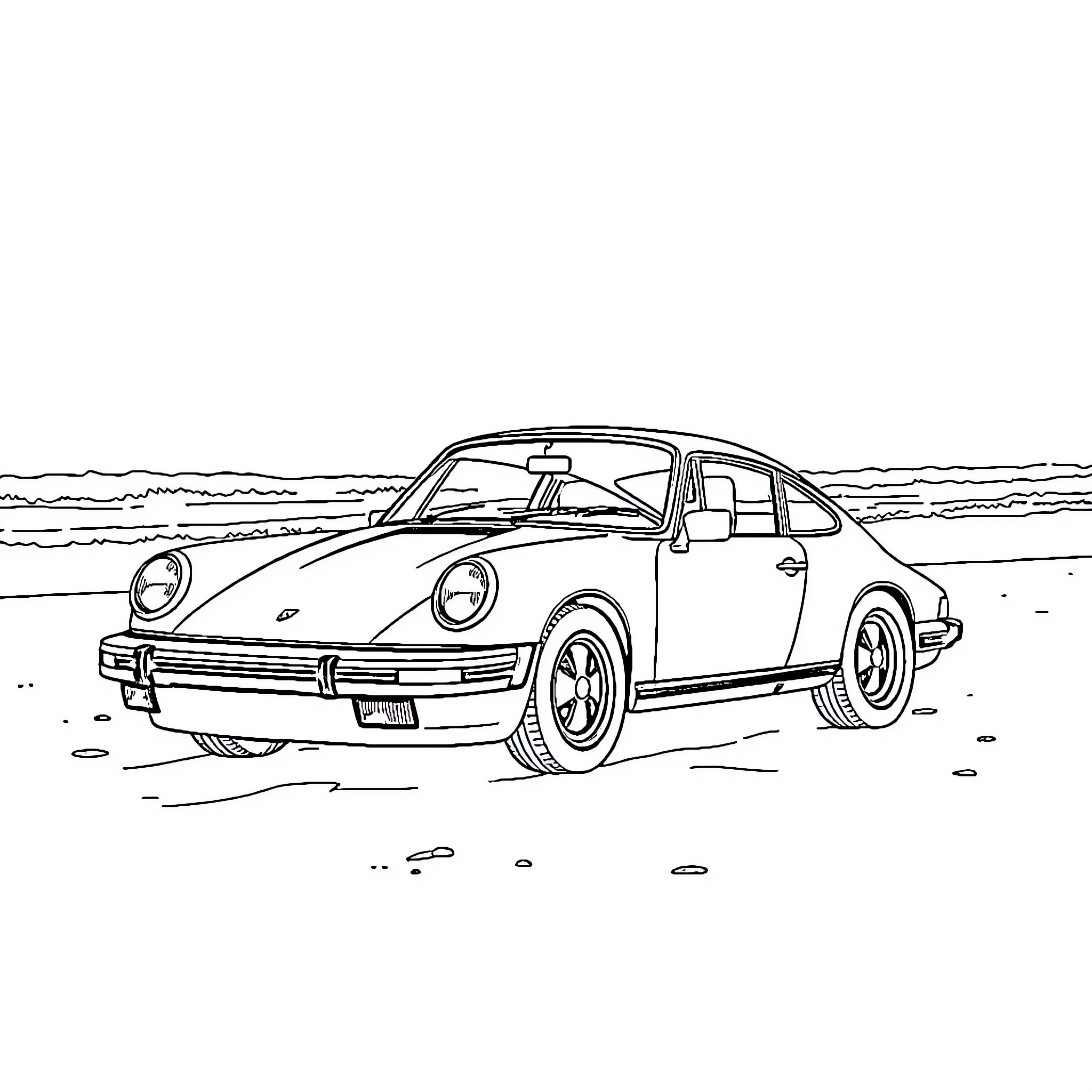 Porsche sports car on scenic road Coloring Page (free black-and-white line drawing printable PDF for all, from beginners to advanced learners, including children, teens, adults, and seniors)