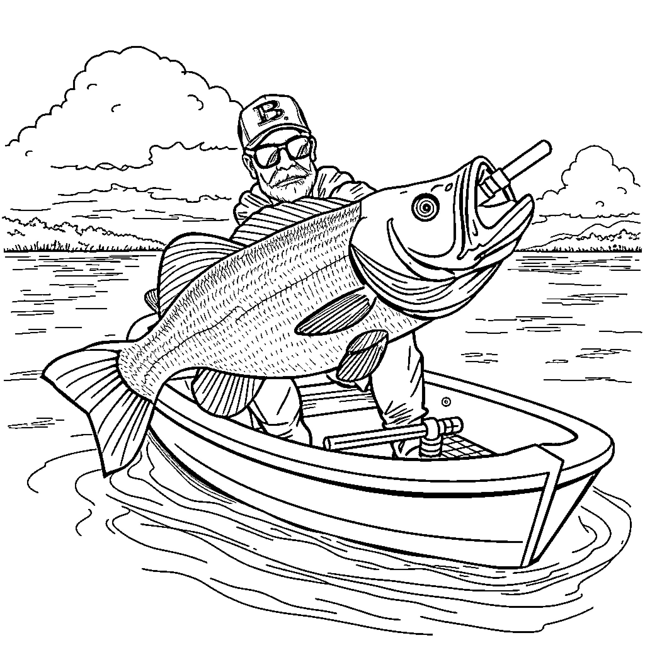 Fishing adventure with a large catch Coloring Page (free black-and-white line drawing printable PDF for all, from beginners to advanced learners, including children, teens, adults, and seniors)