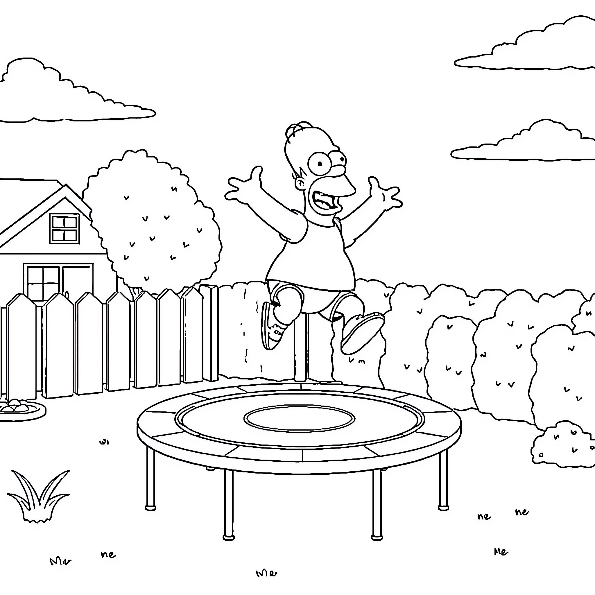 Homer Simpson jumping happily on a trampoline Coloring Page (free black-and-white line drawing printable PDF for all, from beginners to advanced learners, including children, teens, adults, and seniors)