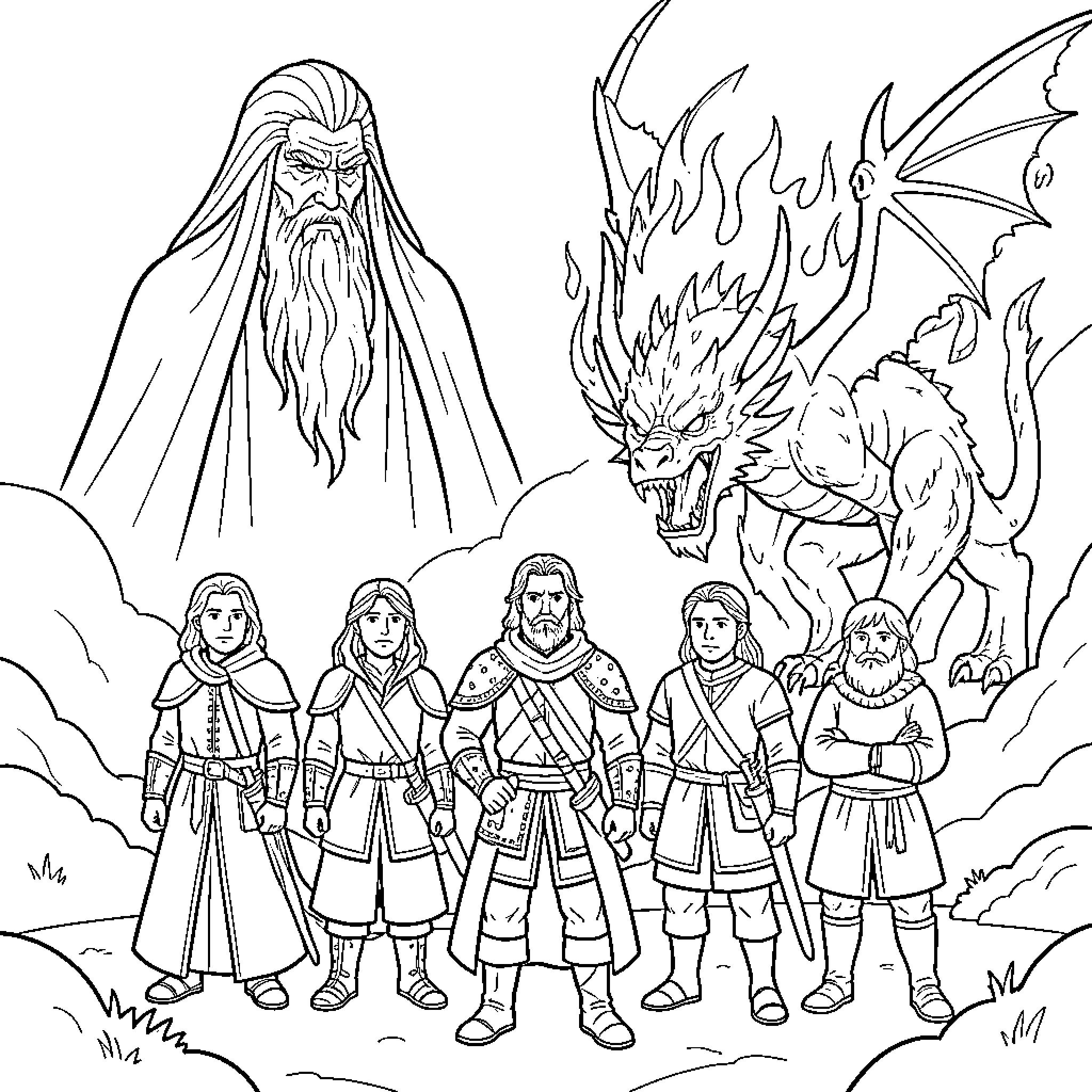Lord of the Ring: Wizard, Warriors, and Mythical Beasts Coloring Page (free black-and-white line drawing printable PDF for all, from beginners to advanced learners, including children, teens, adults, and seniors)