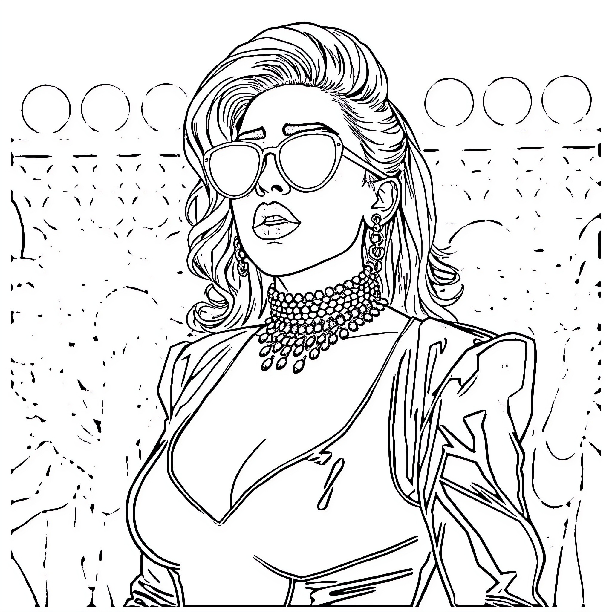Lady Gaga in Bold Attire and Eccentric Pose Coloring Page (free black-and-white line drawing printable PDF for all, from beginners to advanced learners, including children, teens, adults, and seniors)