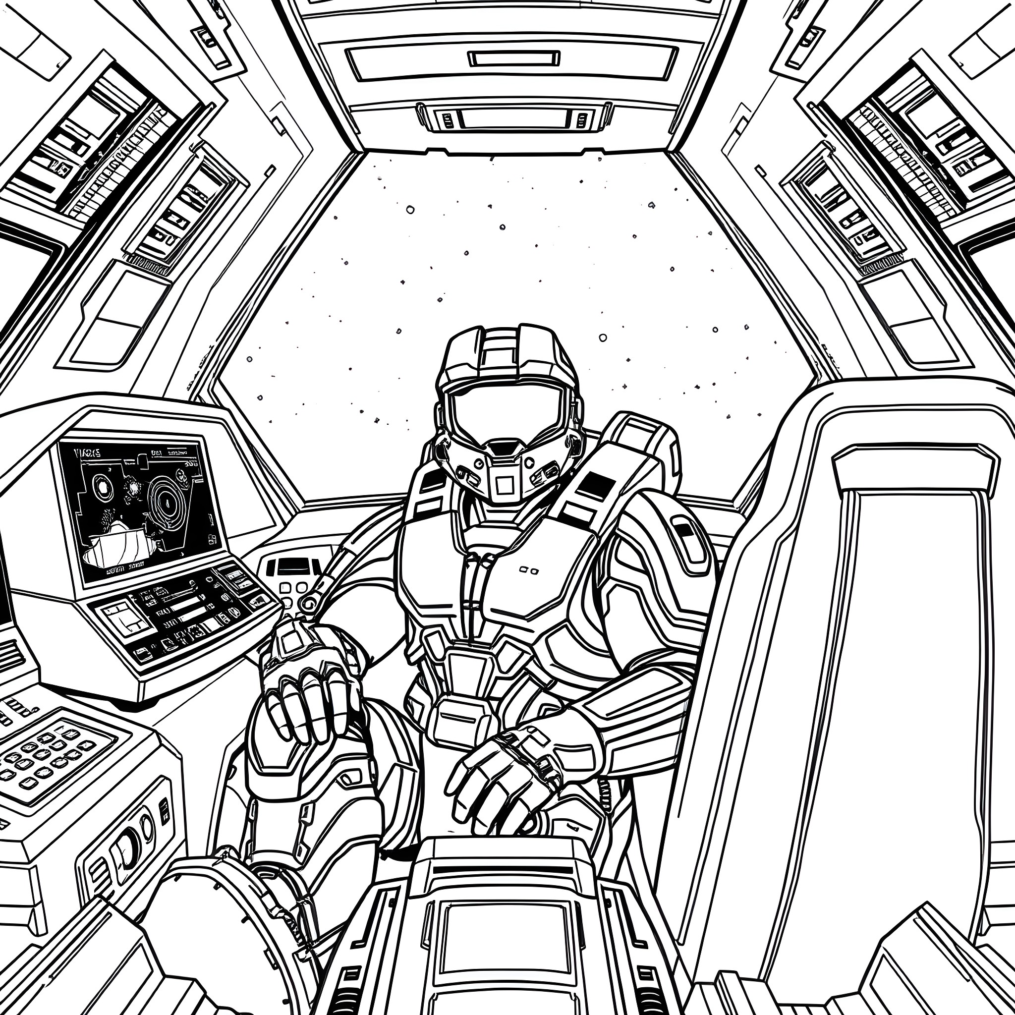 Master Chief Commanding His Spacecraft in the Cosmos Coloring Page (free black-and-white line drawing printable PDF for all, from beginners to advanced learners, including children, teens, adults, and seniors)
