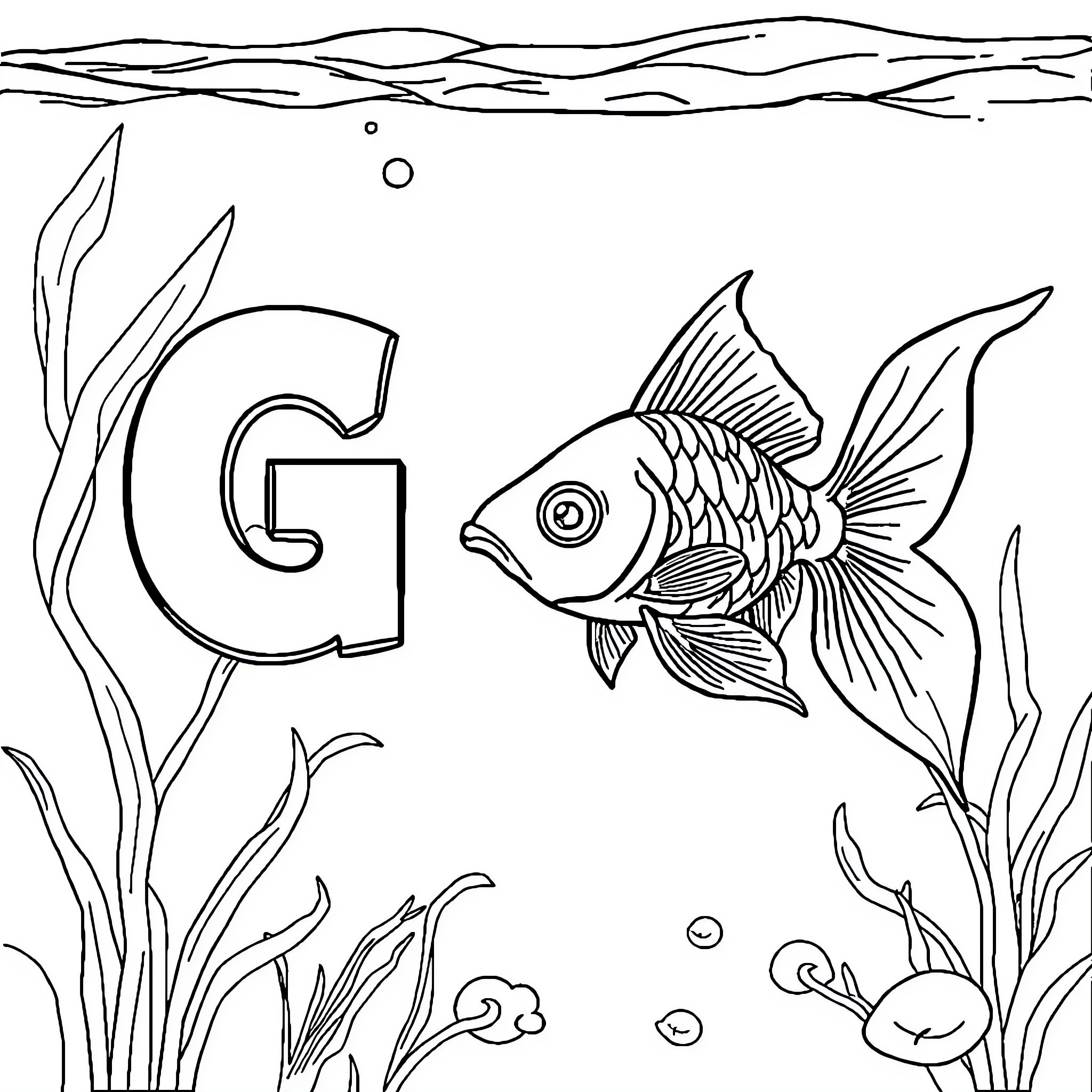 Goldfish swimming in the underwater world Coloring Page (free black-and-white line drawing printable PDF for all, from beginners to advanced learners, including children, teens, adults, and seniors)