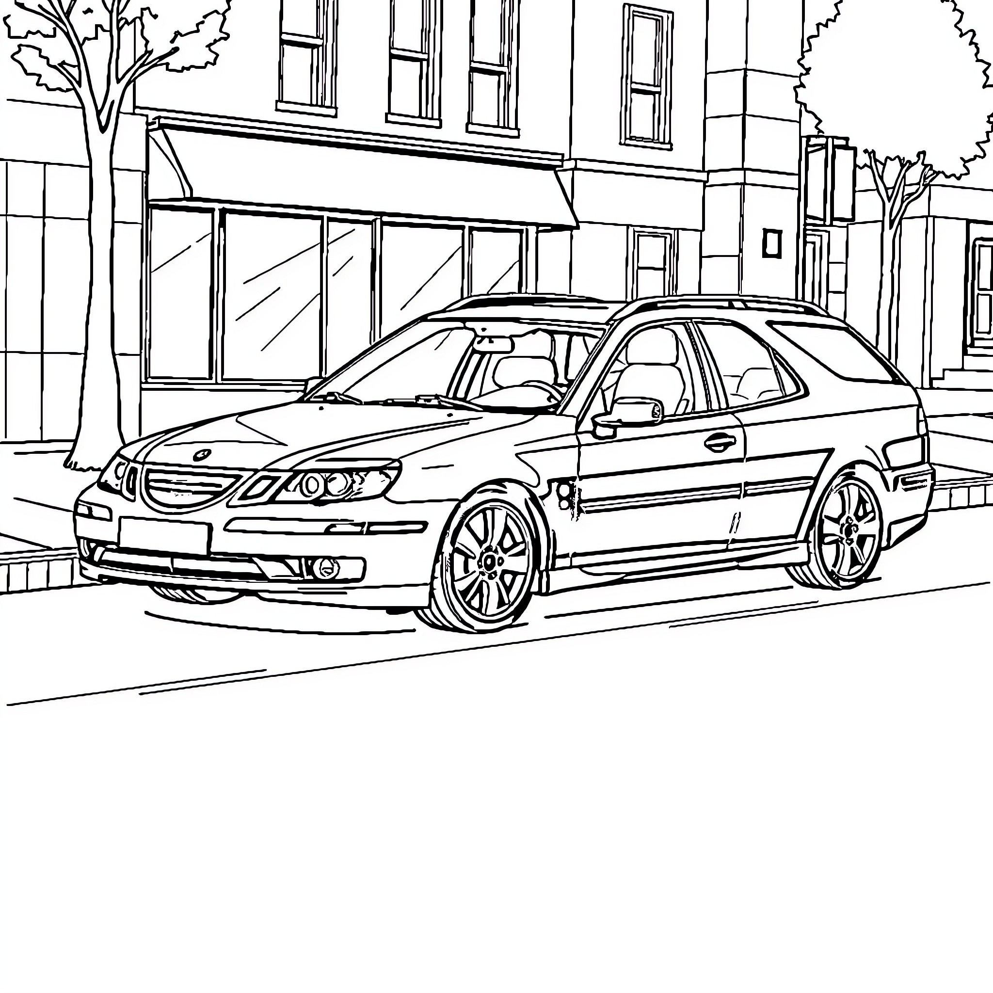 Saab 9-3 in urban setting Coloring Page (free black-and-white line drawing printable PDF for all, from beginners to advanced learners, including children, teens, adults, and seniors)