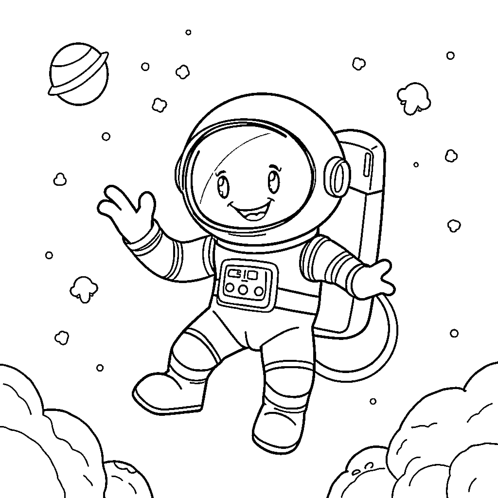 Astronaut exploring the cosmos with a friendly expression Coloring Page (free black-and-white line drawing printable PDF for all, from beginners to advanced learners, including children, teens, adults, and seniors)