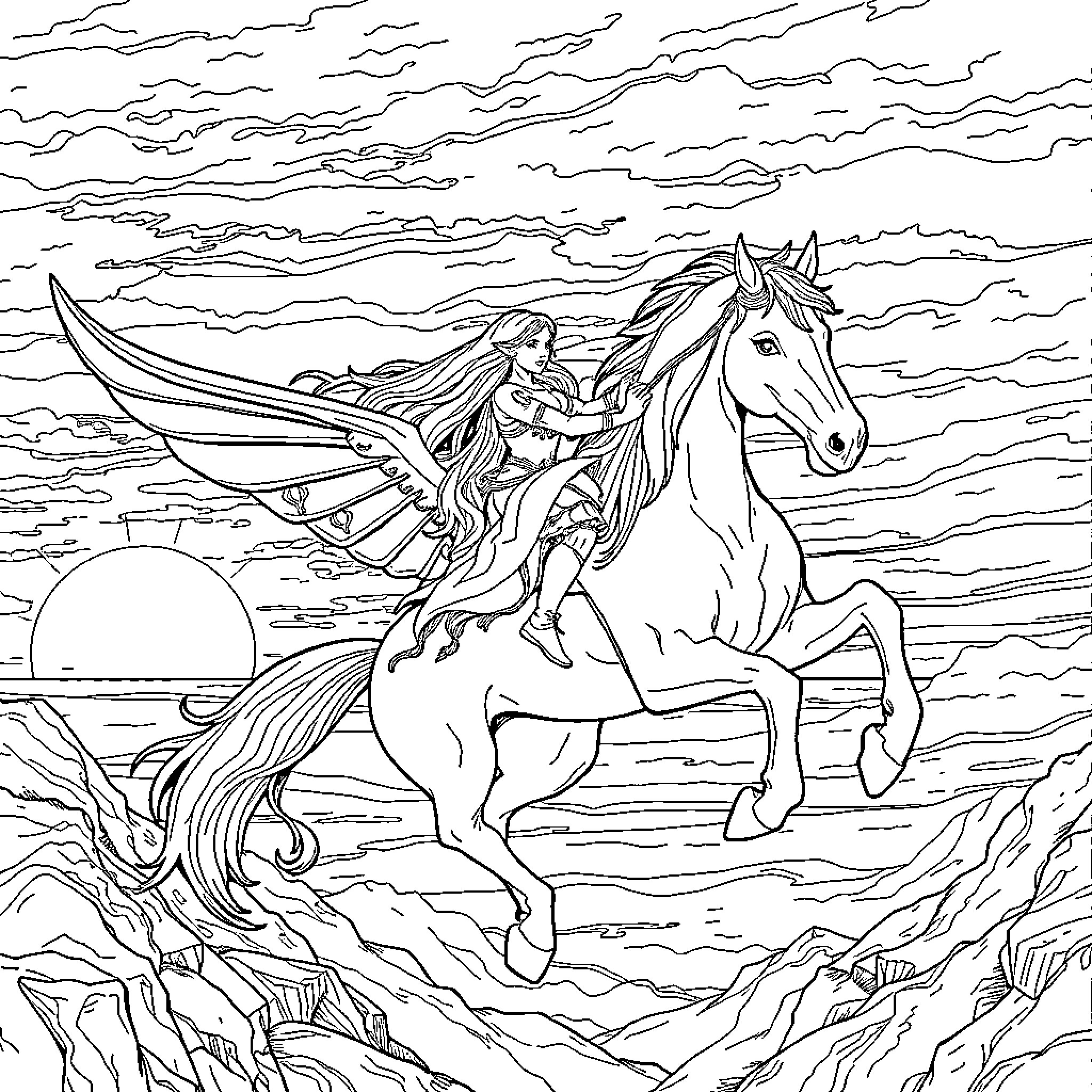Princess Riding Winged Horse at Sunset Coloring Page (free black-and-white line drawing printable PDF for all, from beginners to advanced learners, including children, teens, adults, and seniors)