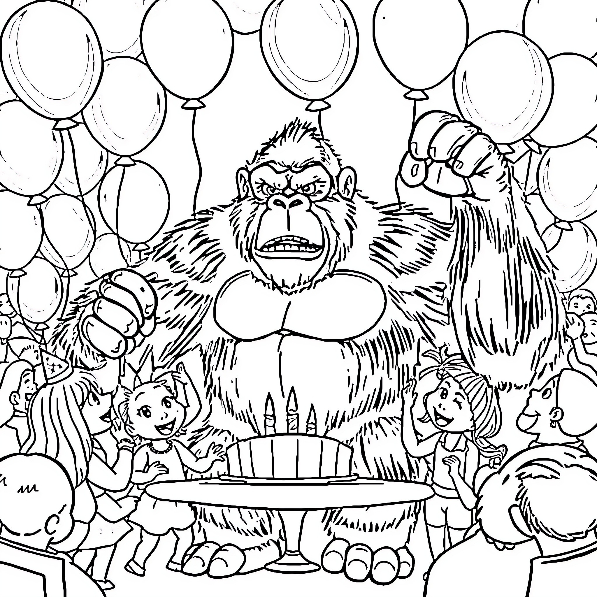 King Kong celebrates birthday with balloon party Coloring Page (free black-and-white line drawing printable PDF for all, from beginners to advanced learners, including children, teens, adults, and seniors)