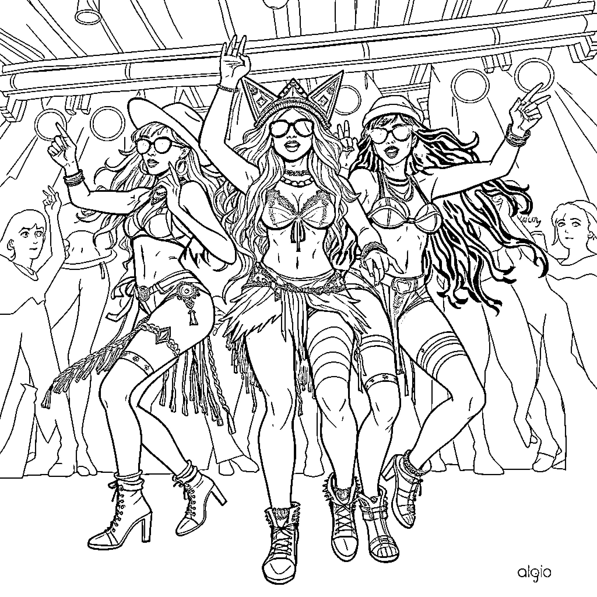 Rave Babes Celebrate at a Vibrant Dance Party Coloring Page (free black-and-white line drawing printable PDF for all, from beginners to advanced learners, including children, teens, adults, and seniors)