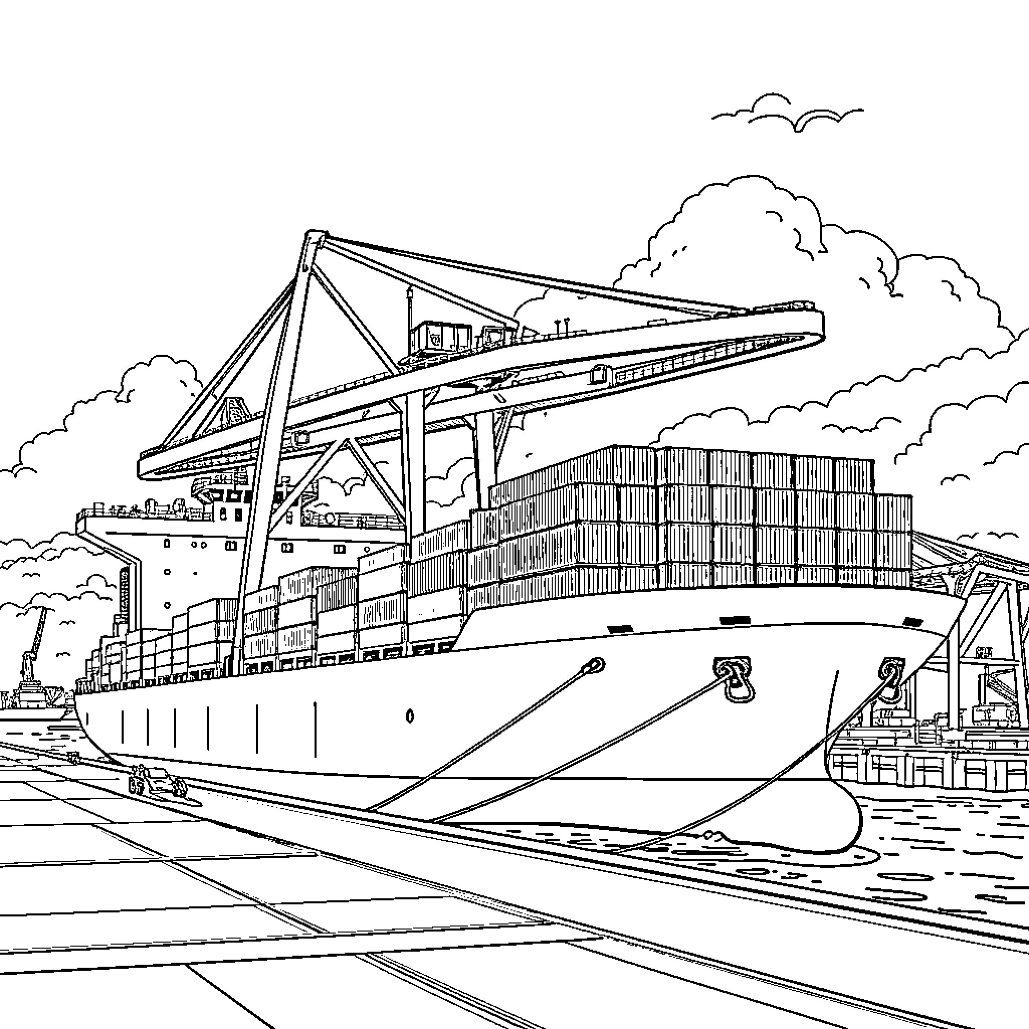 Crane lifting cargo containers at the dockyard Coloring Page (free black-and-white line drawing printable PDF for all, from beginners to advanced learners, including children, teens, adults, and seniors)