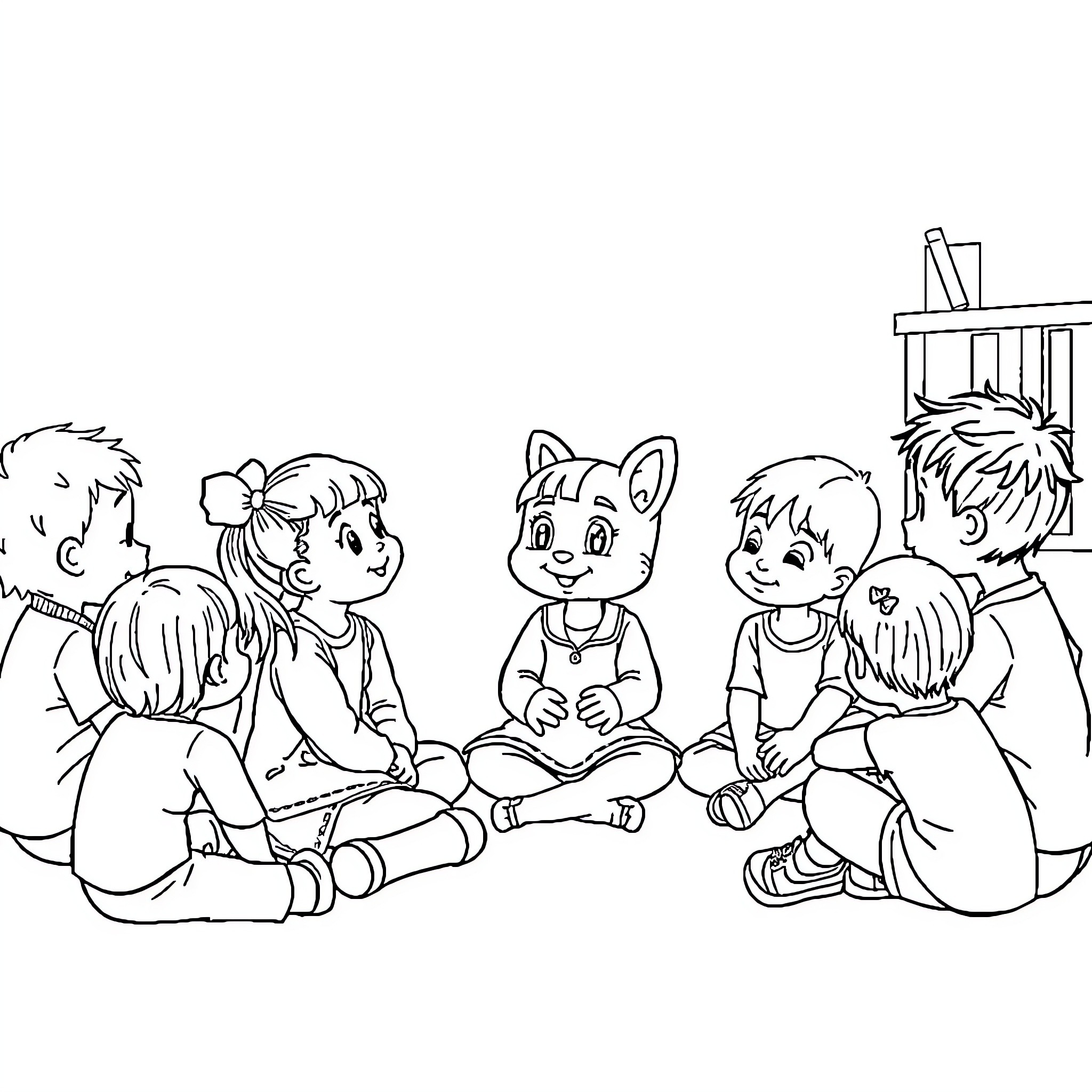Bluey and friends playing together in the classroom Coloring Page (free black-and-white line drawing printable PDF for all, from beginners to advanced learners, including children, teens, adults, and seniors)