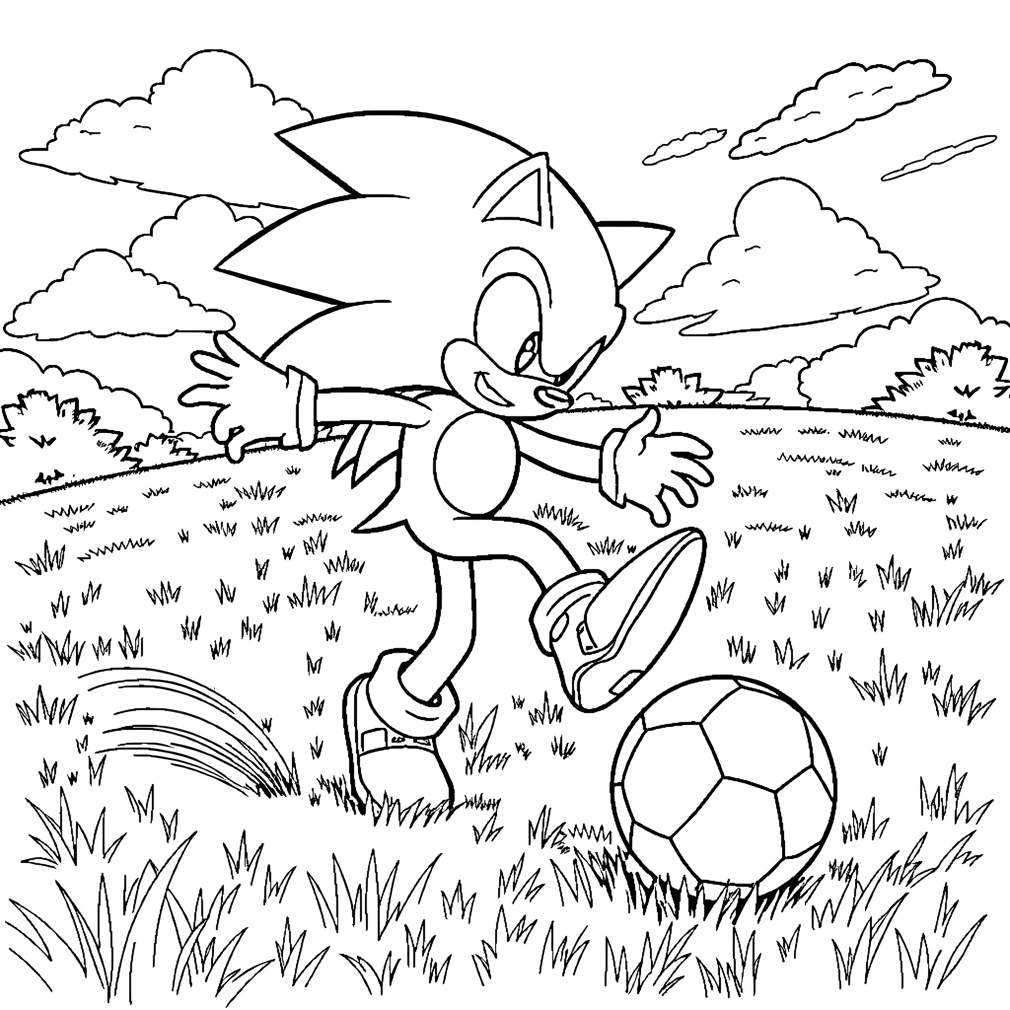 Sonic playing with a soccer ball in a grassy field Coloring Page (free black-and-white line drawing printable PDF for all, from beginners to advanced learners, including children, teens, adults, and seniors)