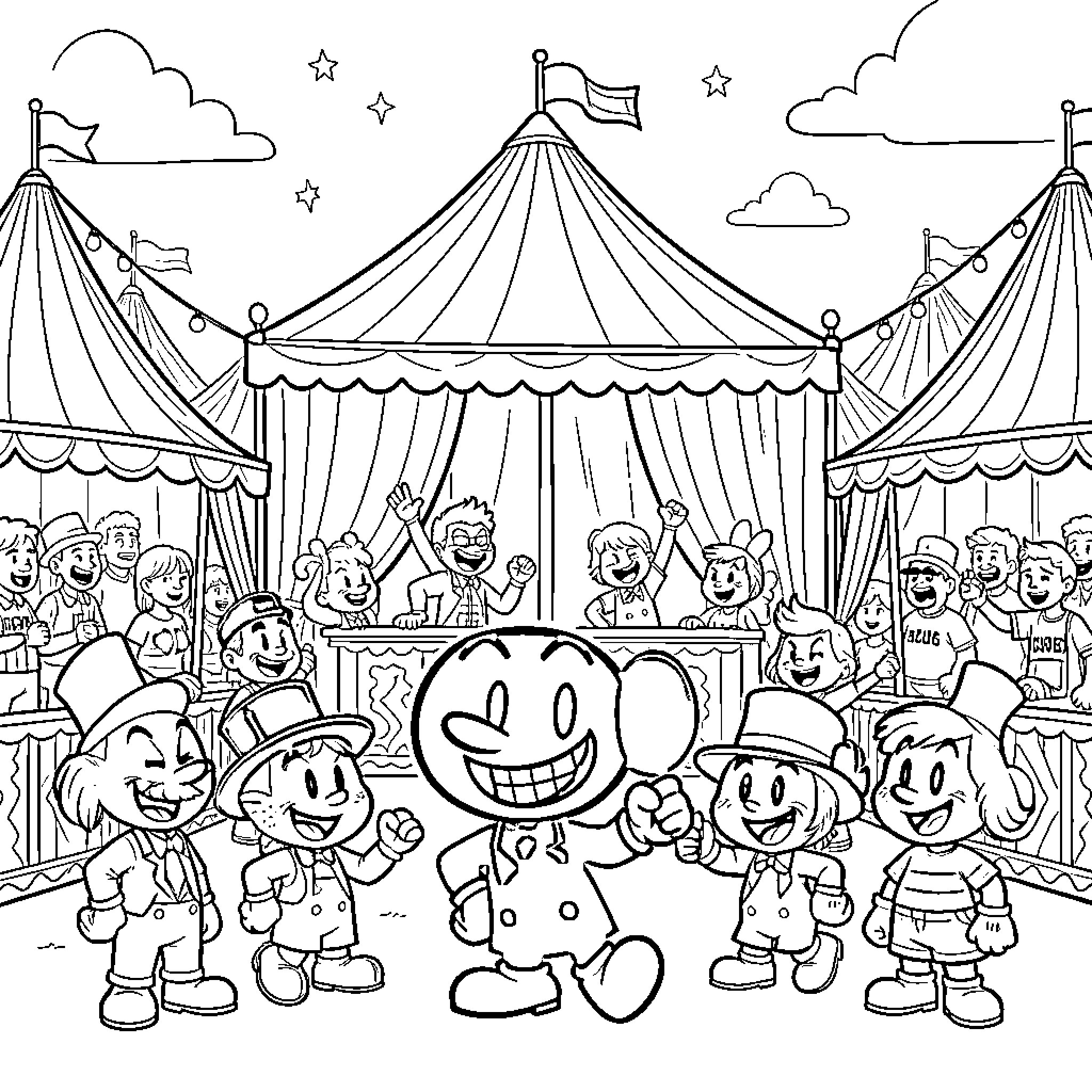 Cuphead Characters Enjoying Circus Performance Coloring Page (free black-and-white line drawing printable PDF for all, from beginners to advanced learners, including children, teens, adults, and seniors)