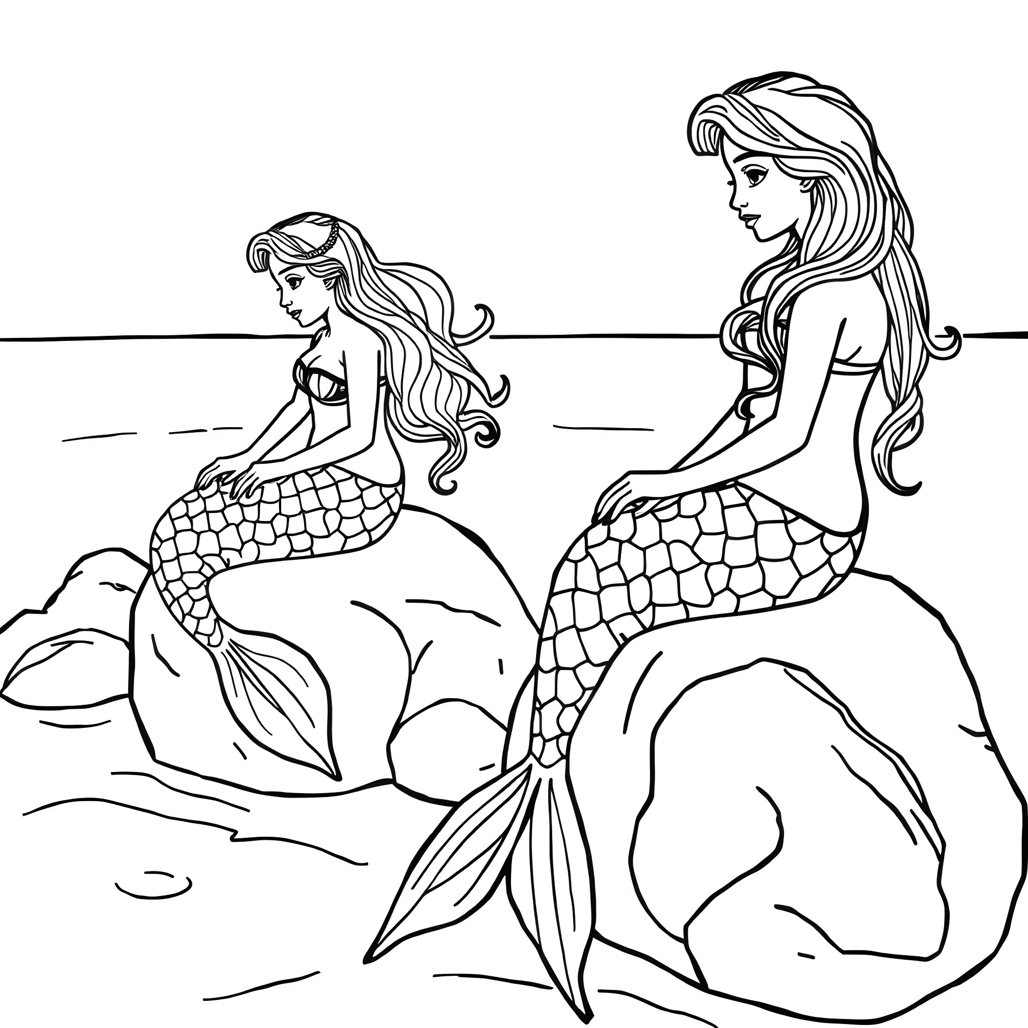 Mermaid sisters enjoying the ocean view Coloring Page (free black-and-white line drawing printable PDF for all, from beginners to advanced learners, including children, teens, adults, and seniors)