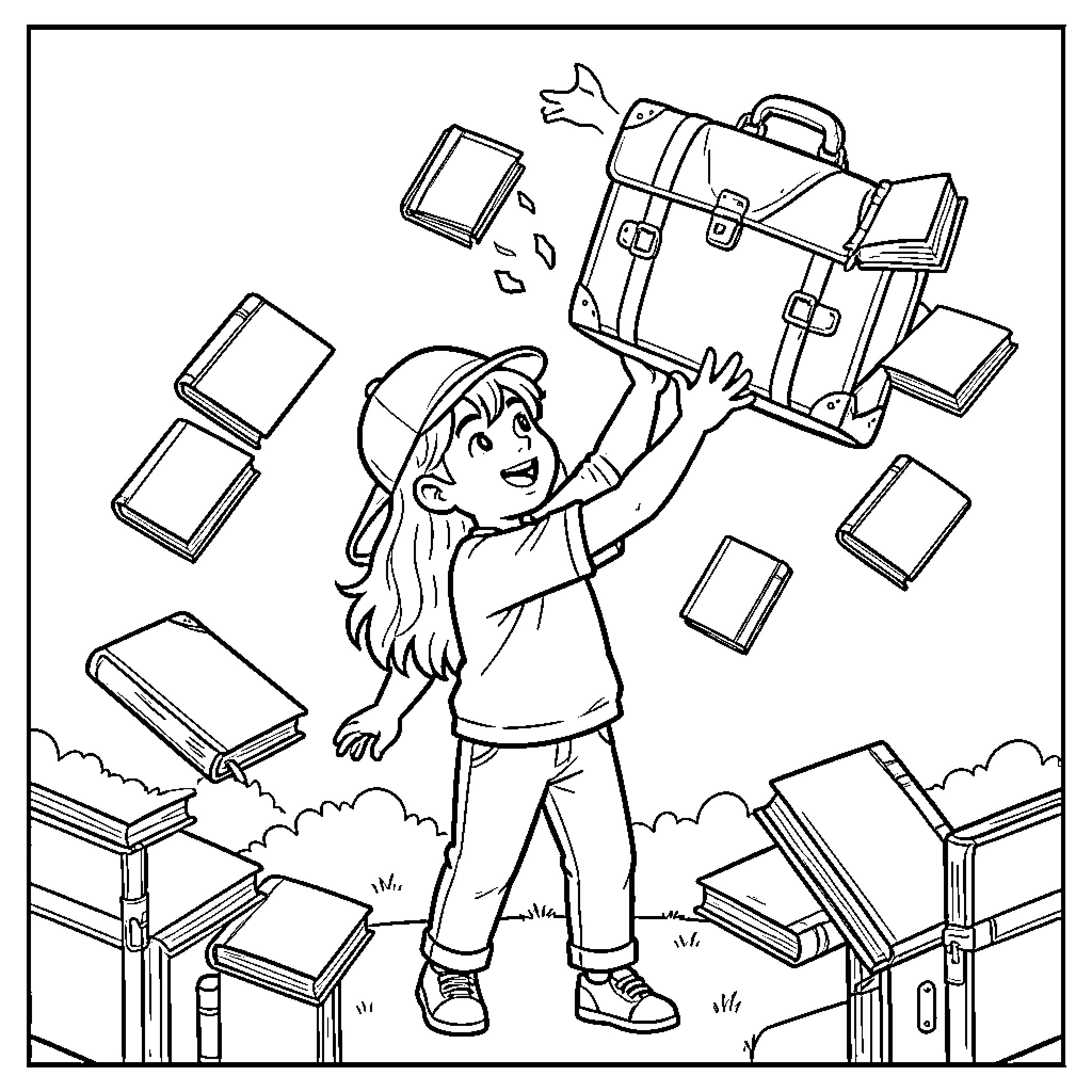Niño excited to explore books and learning Coloring Page (free black-and-white line drawing printable PDF for all, from beginners to advanced learners, including children, teens, adults, and seniors)