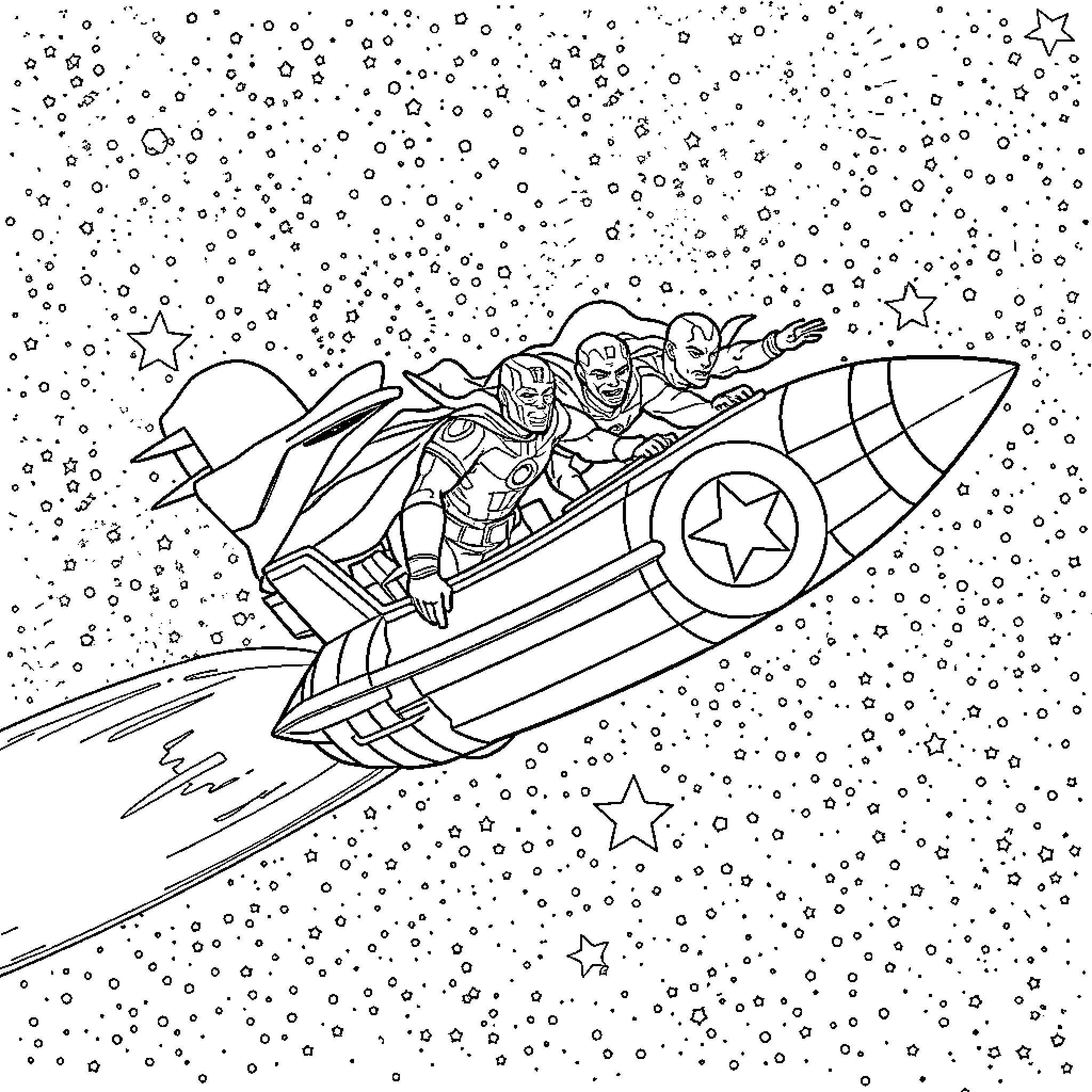 Avenger heroes soaring through cosmic space Coloring Page (free black-and-white line drawing printable PDF for all, from beginners to advanced learners, including children, teens, adults, and seniors)
