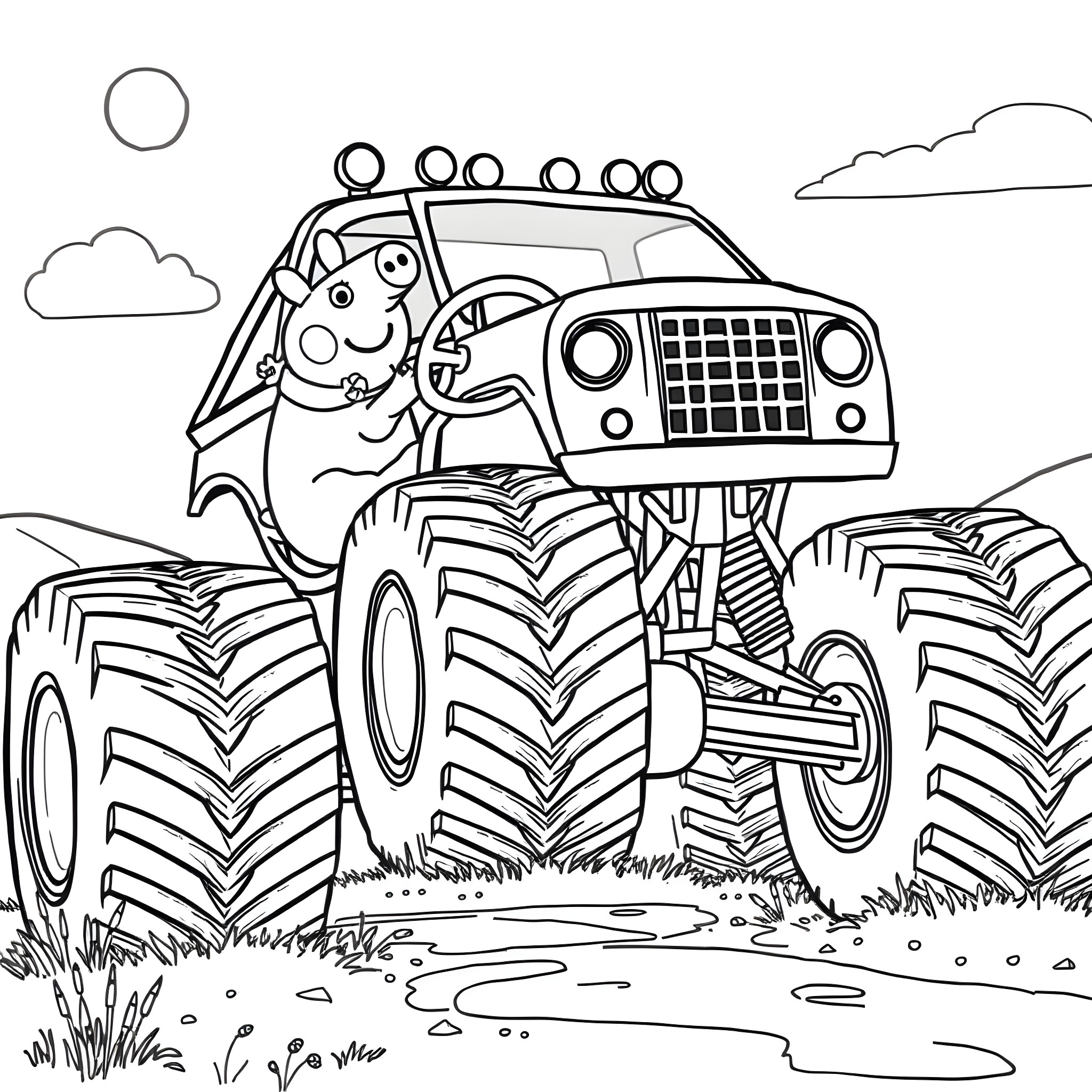 Peppa Pig Monster Truck Driving Through the Countryside Coloring Page (free black-and-white line drawing printable PDF for all, from beginners to advanced learners, including children, teens, adults, and seniors)