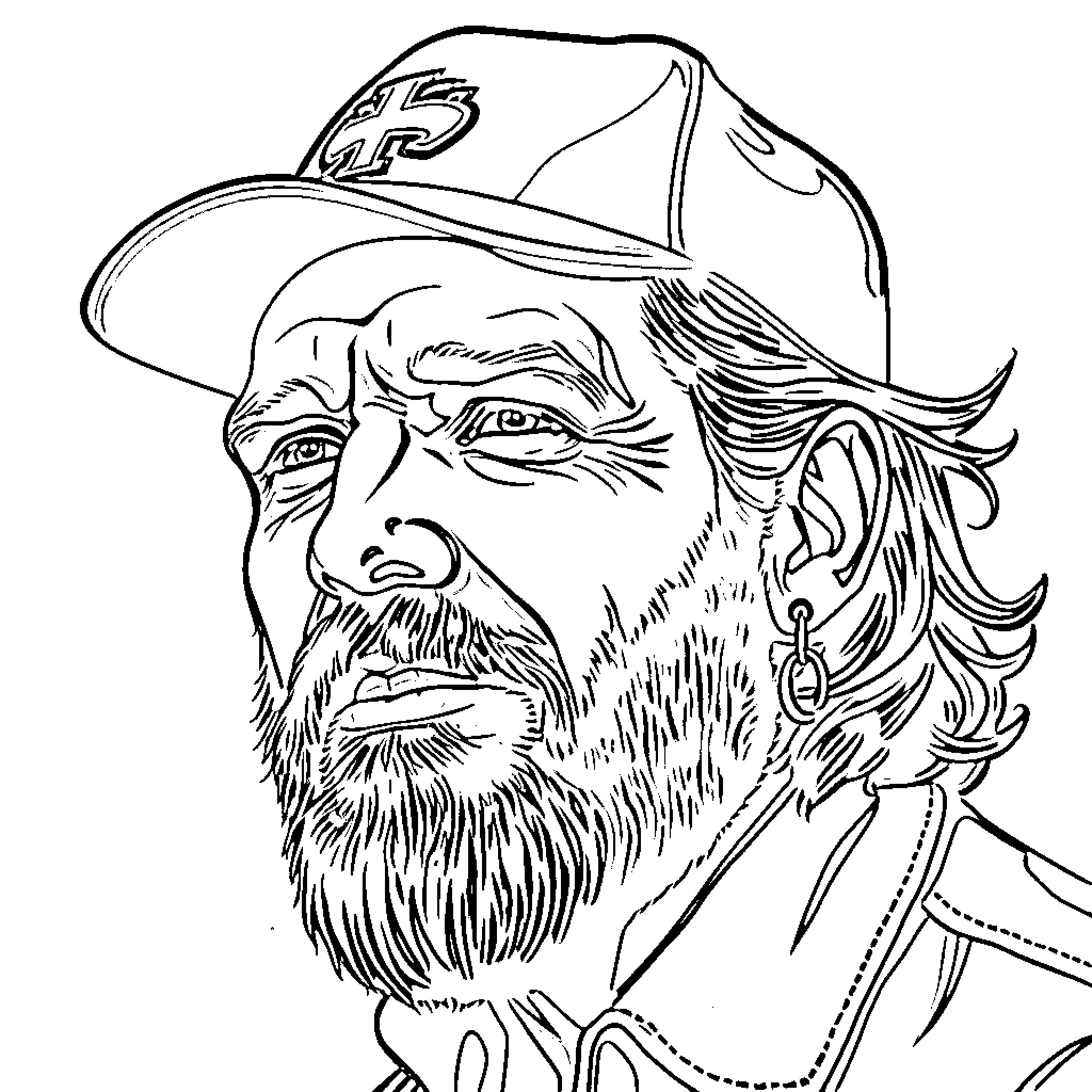 Johnny Paycheck performing on stage with cowboy hat and beard Coloring Page (free black-and-white line drawing printable PDF for all, from beginners to advanced learners, including children, teens, adults, and seniors)