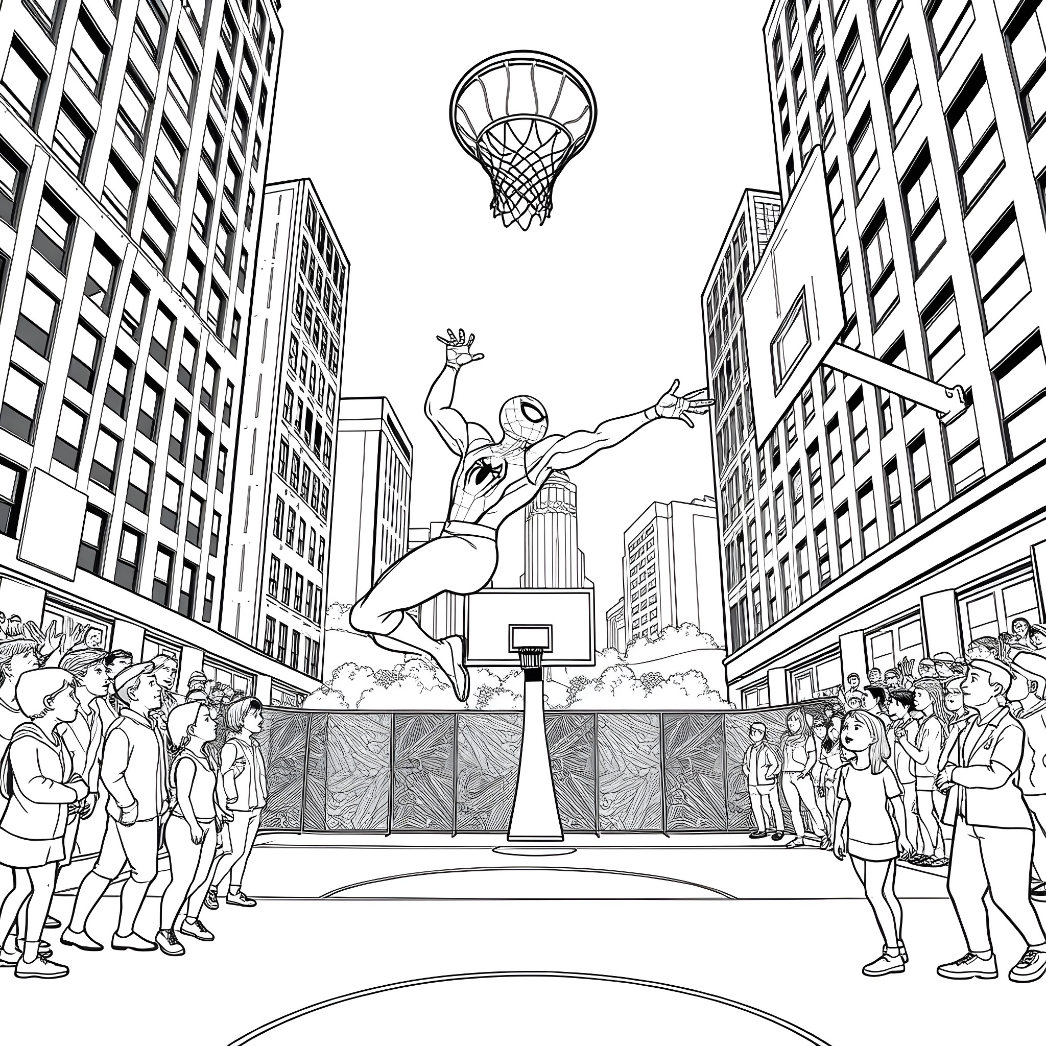 Spiderman performs an amazing basketball dunk in the city Coloring Page (free black-and-white line drawing printable PDF for all, from beginners to advanced learners, including children, teens, adults, and seniors)