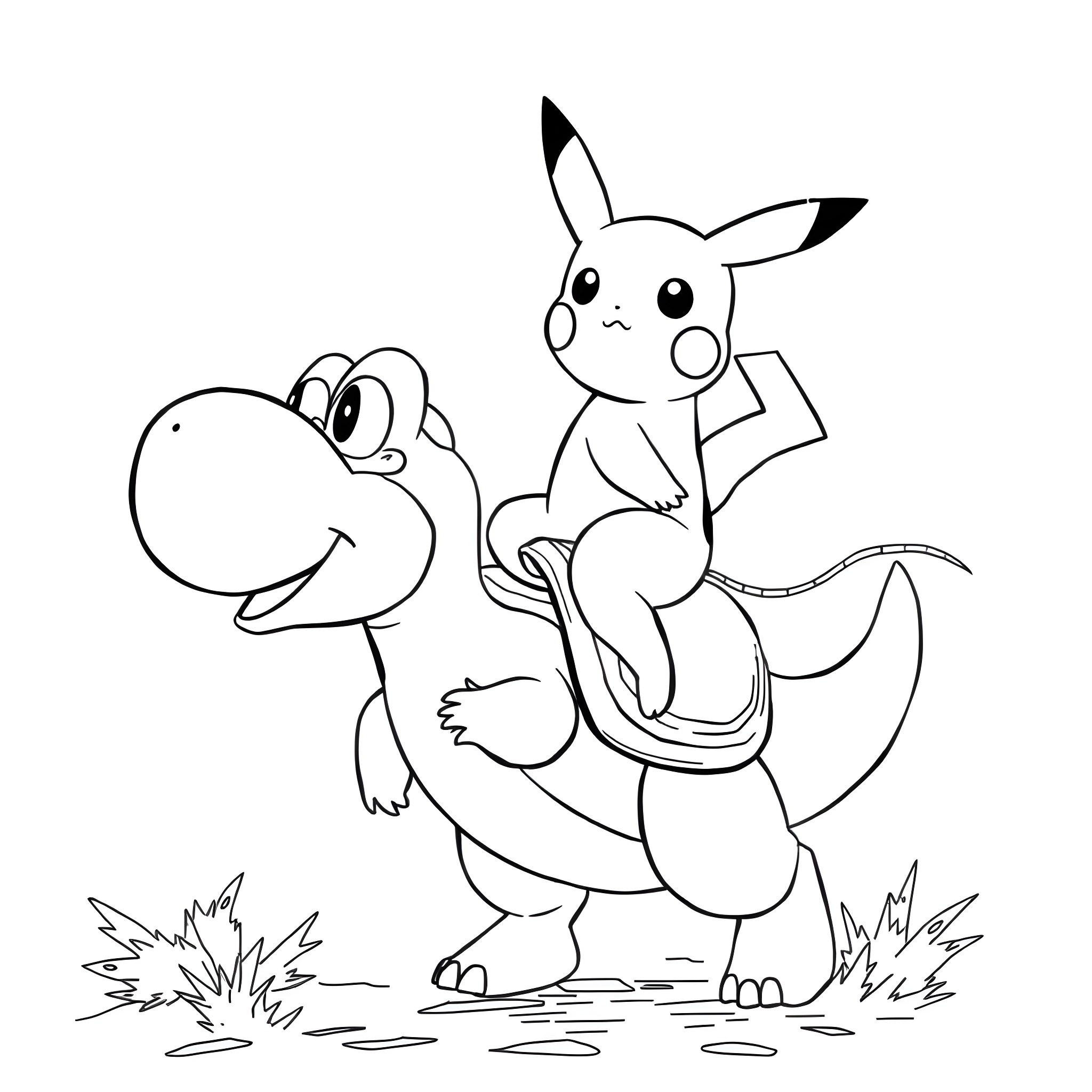Pikachu riding on a Yoshi's back Coloring Page (free black-and-white line drawing printable PDF for all, from beginners to advanced learners, including children, teens, adults, and seniors)