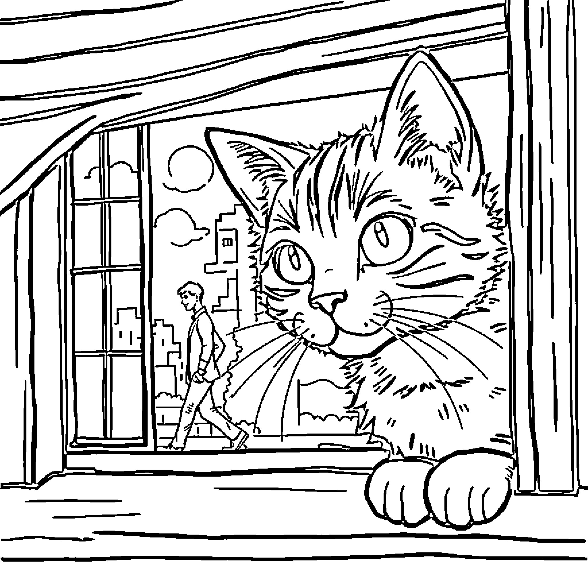 Cat observing person walking through window Coloring Page (free black-and-white line drawing printable PDF for all, from beginners to advanced learners, including children, teens, adults, and seniors)