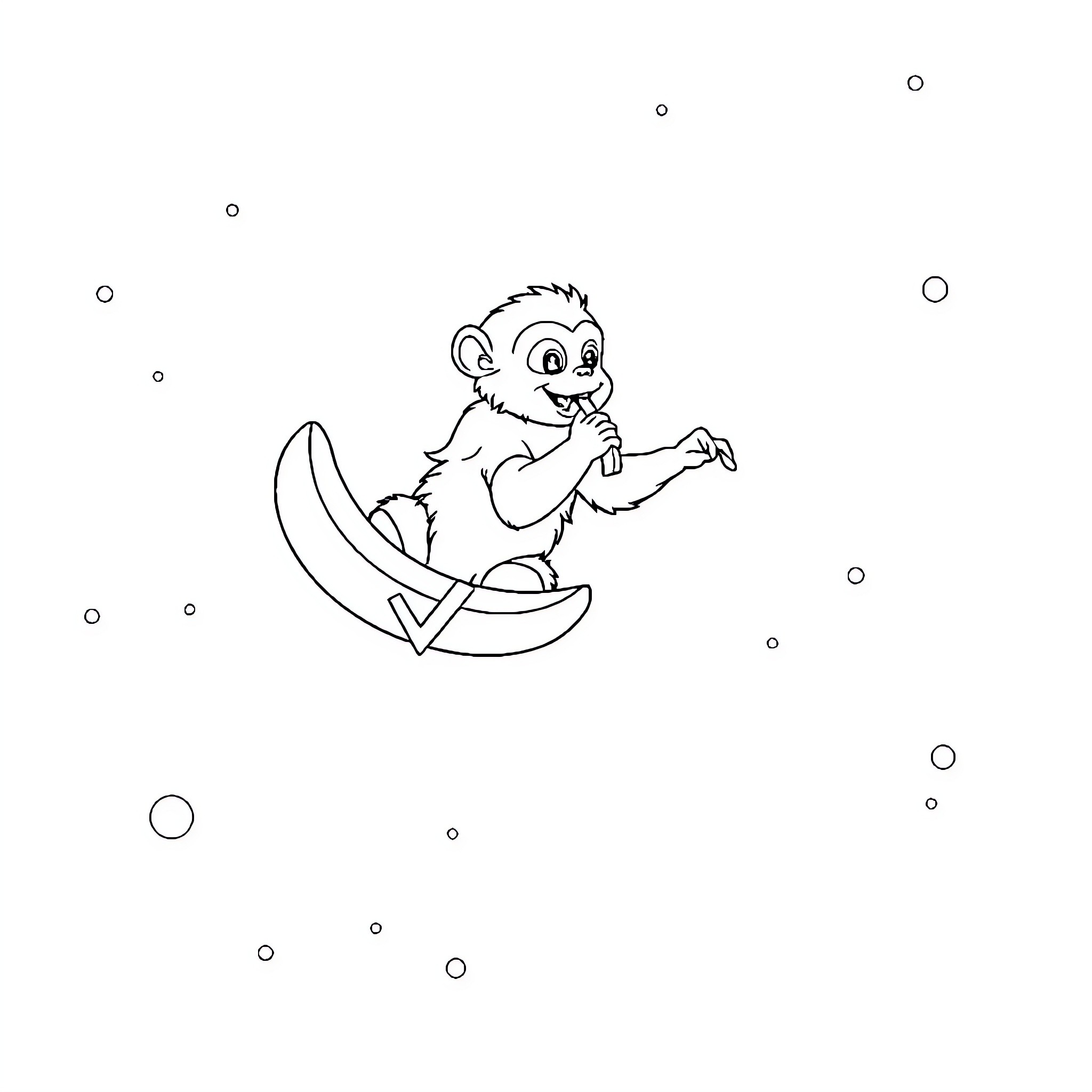 Monkey playing on a swing Coloring Page (free black-and-white line drawing printable PDF for all, from beginners to advanced learners, including children, teens, adults, and seniors)
