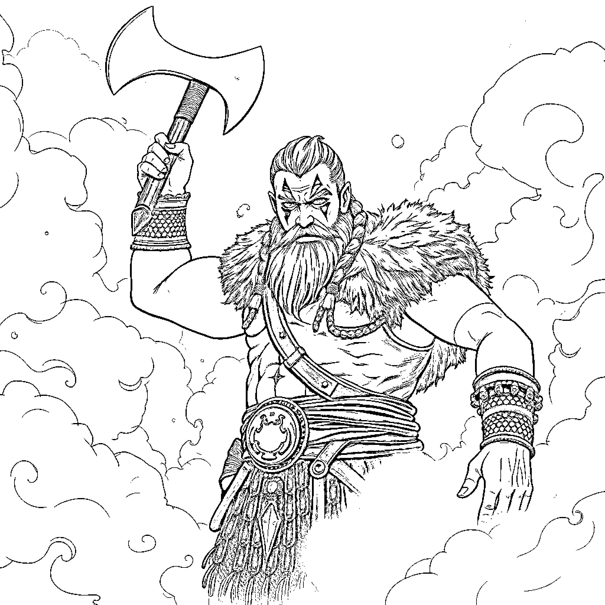 Viking Warrior Wielding Axe in Cloudy Skies Coloring Page (free black-and-white line drawing printable PDF for all, from beginners to advanced learners, including children, teens, adults, and seniors)