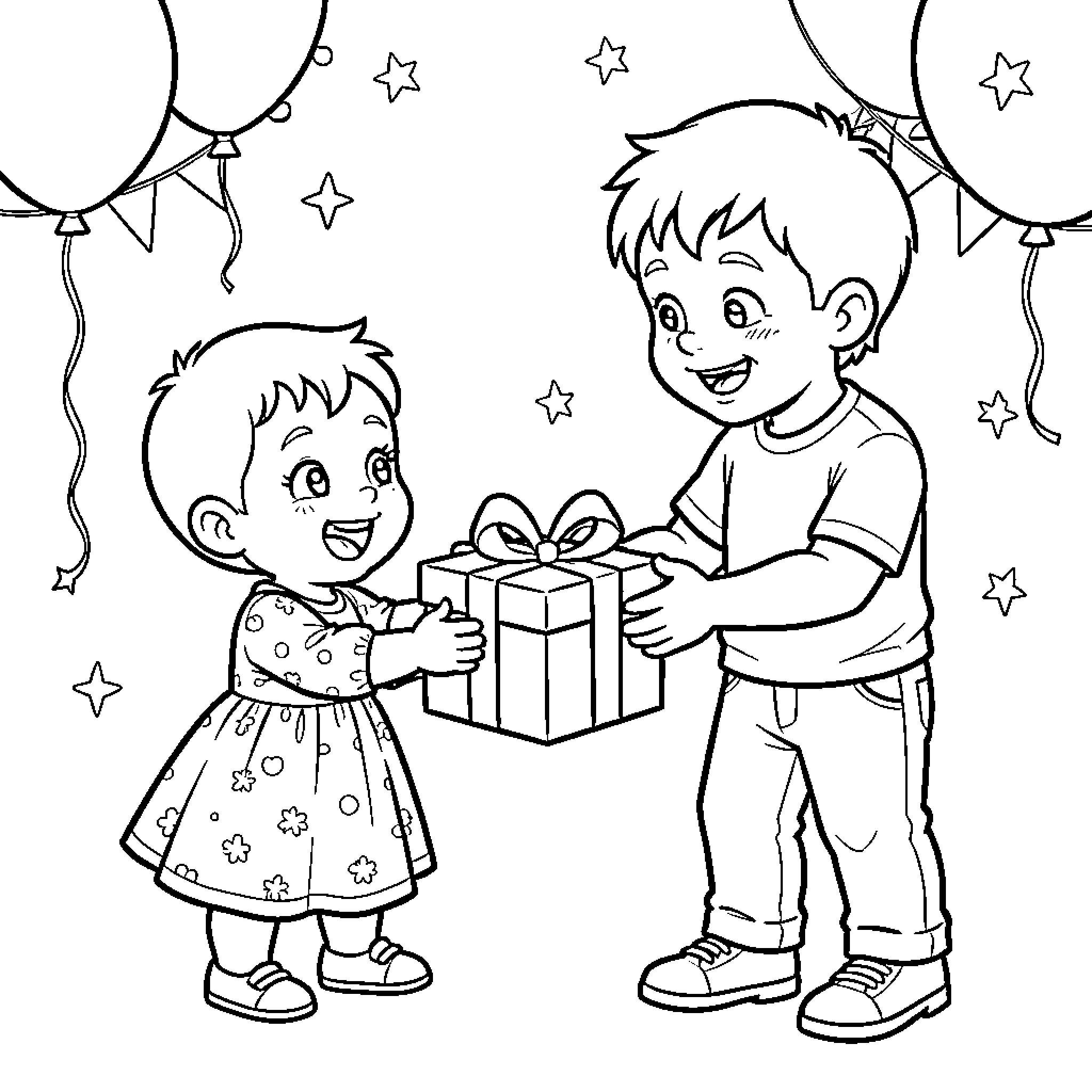 Baby boy giving a gift to a baby girl Coloring Page (free black-and-white line drawing printable PDF for all, from beginners to advanced learners, including children, teens, adults, and seniors)